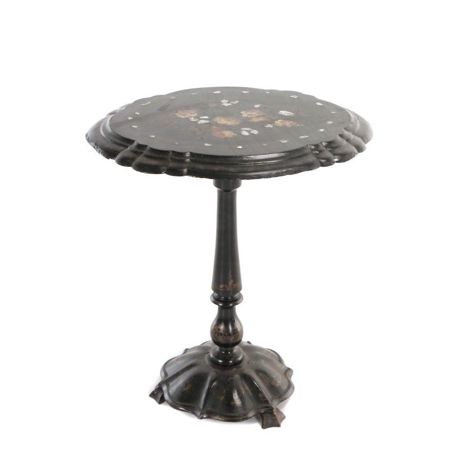 Victorian Mother-of-Pearl Inlaid & Polychromed Papier-Mâché Tilt-Top Side Table