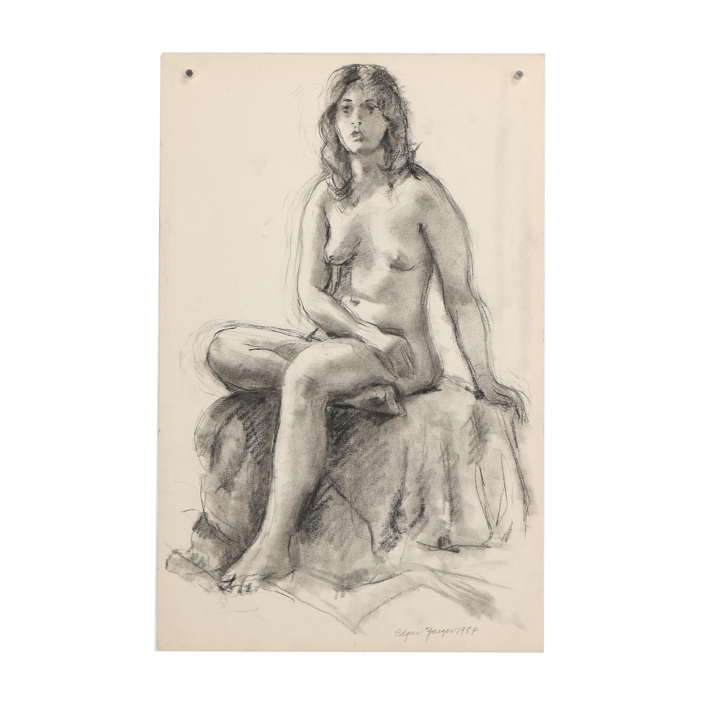 Edgar Yaeger 1984 Charcoal Drawing of Female Figure