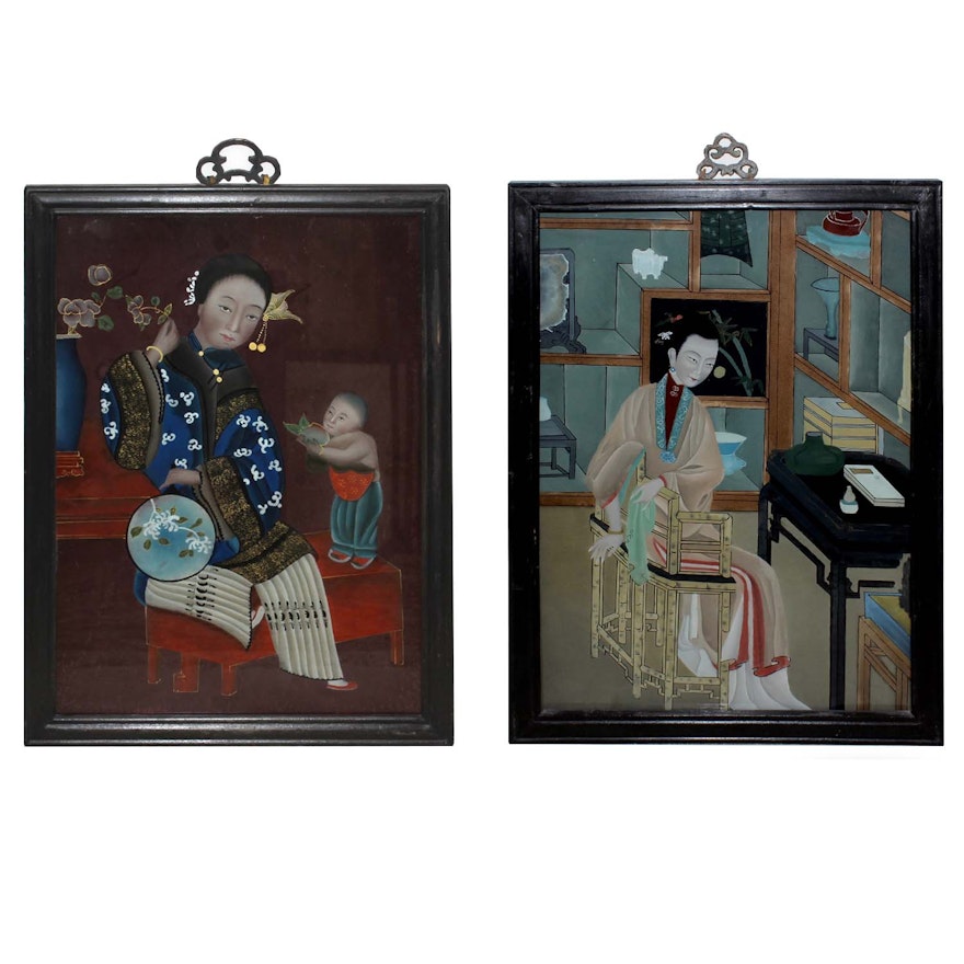 Chinese Reverse Gouache Paintings of Female Portraits, Early 20th Century