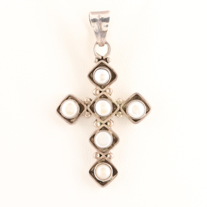 Sterling Silver Cultured Pearl Cross Pendant