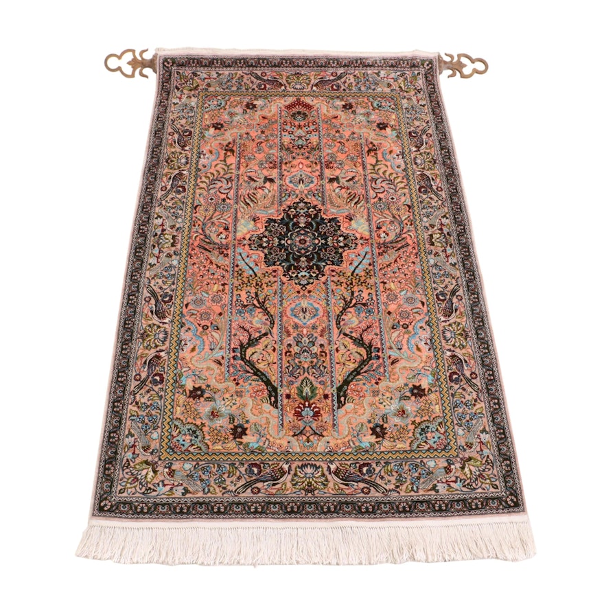 Hand-Knotted Persian Qum Pictorial Silk Prayer Rug on Hanging Display Rod