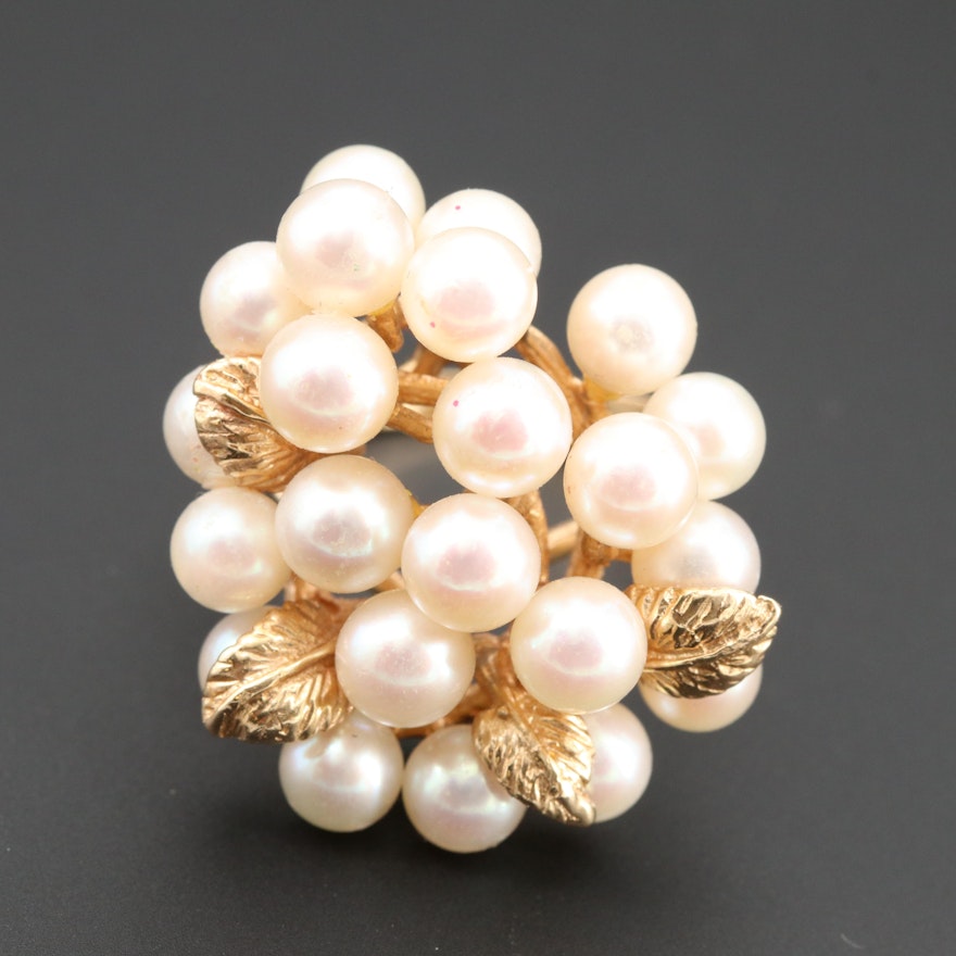 14K Yellow Gold Cultured Pearl Floral Cluster Ring