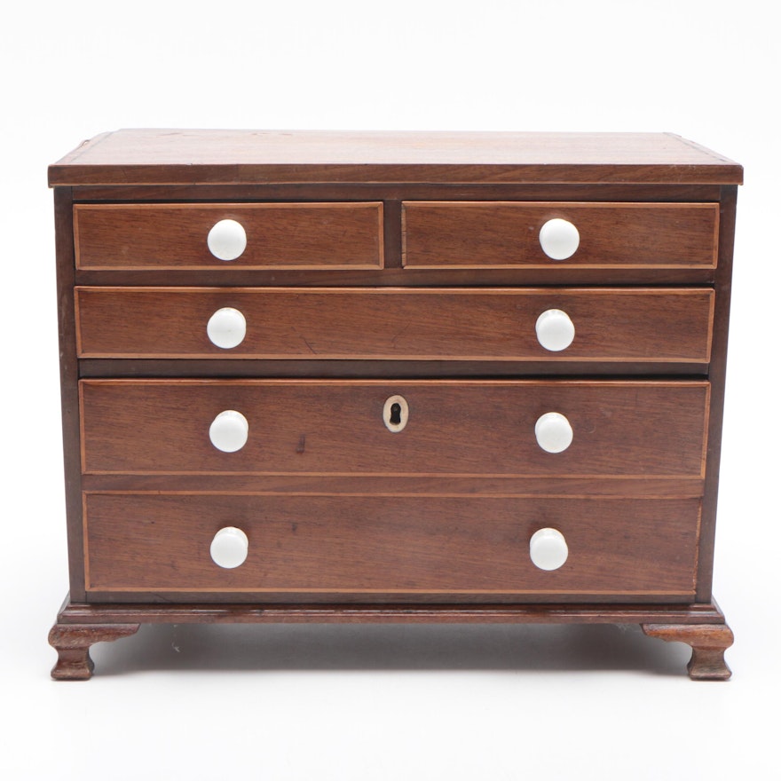 Walnut with Maple Inlay Salesman Sample Chest of Drawers, Early 20th Century