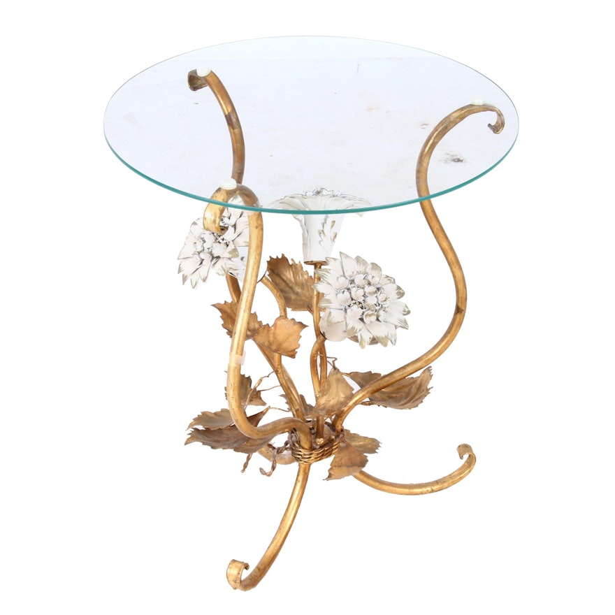 Tole Metal Occasional Table with Painted Flowers, Mid-20th Century