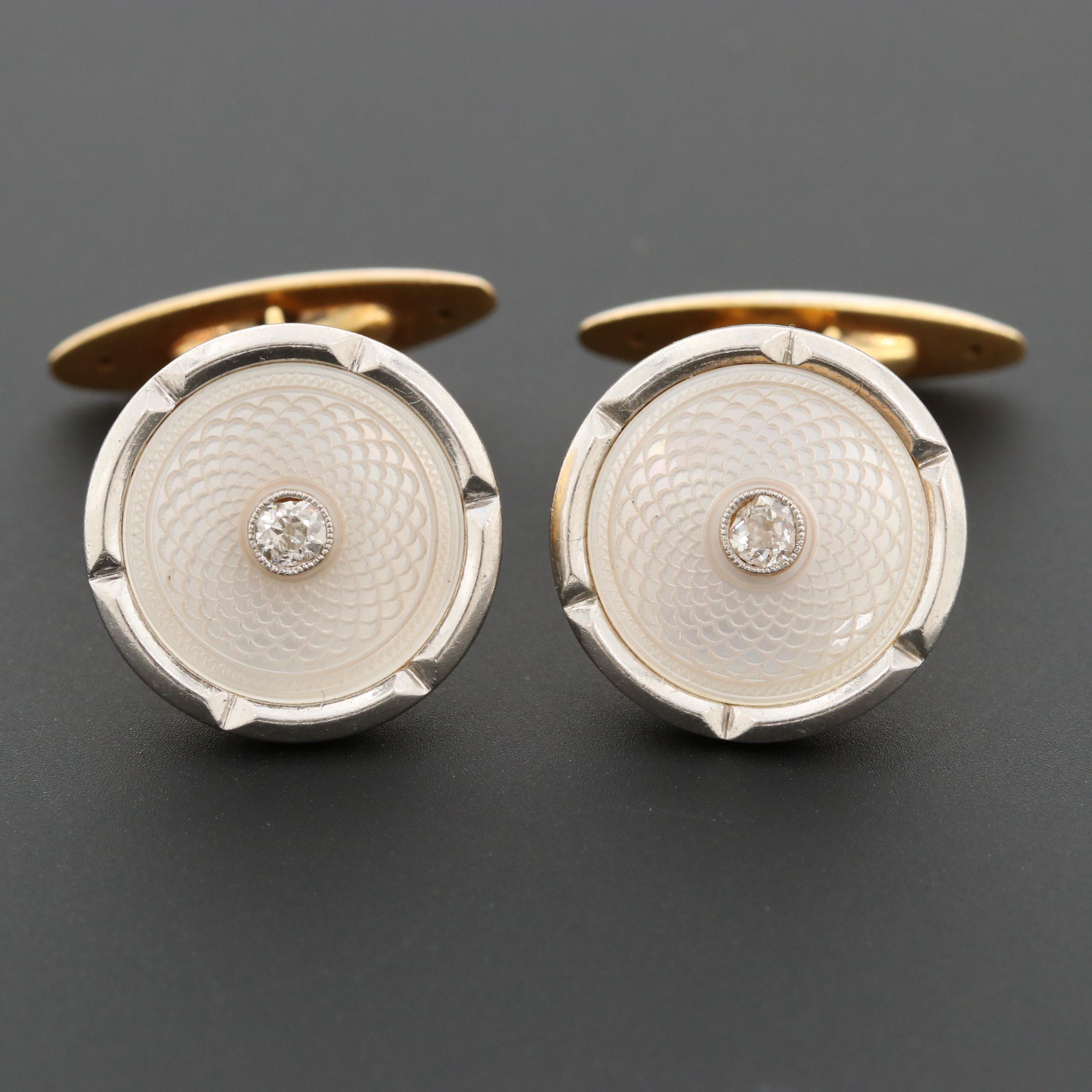 Platinum and 18K Yellow Gold Diamond and Mother of Pearl Cufflinks