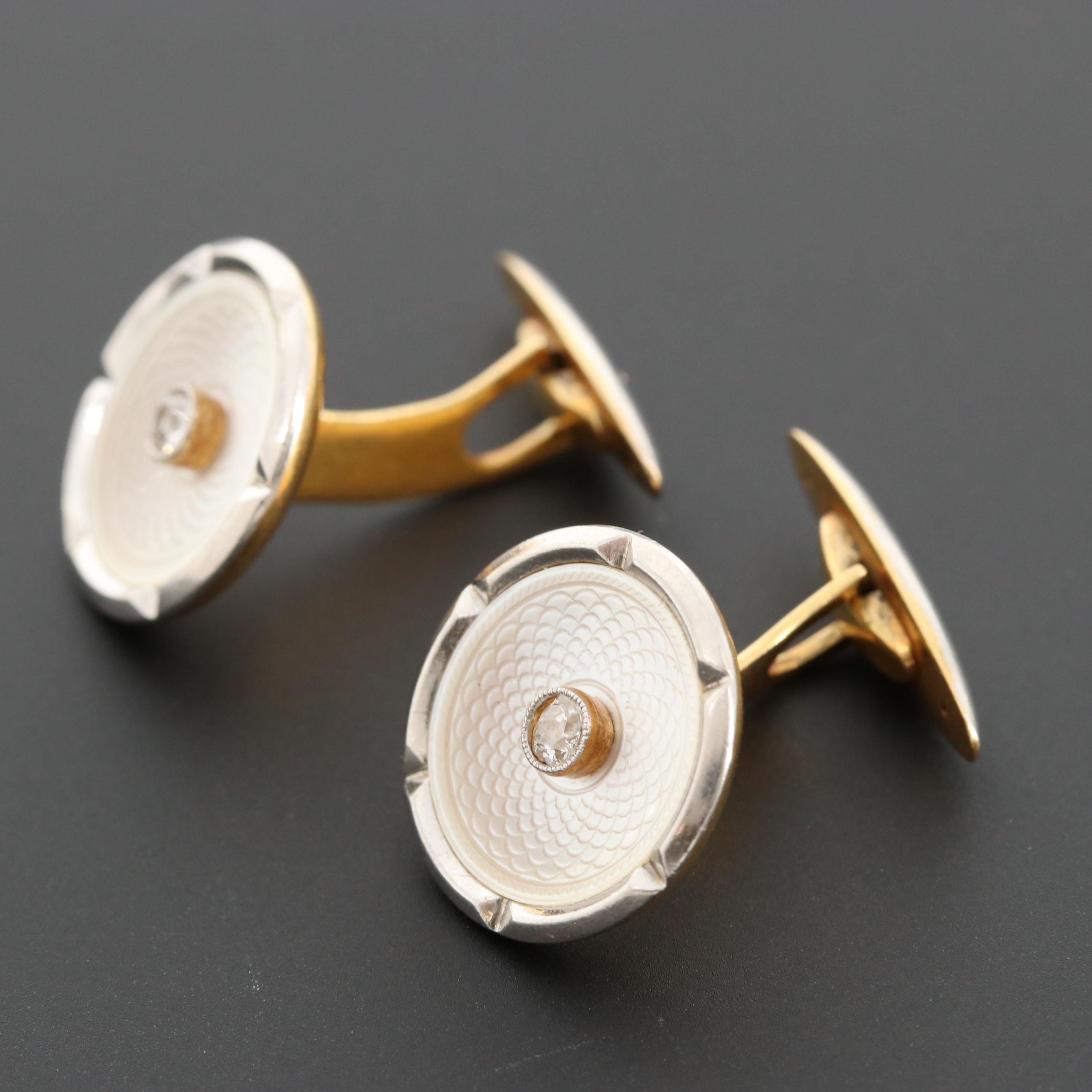 Platinum and 18K Yellow Gold Diamond and Mother of Pearl Cufflinks