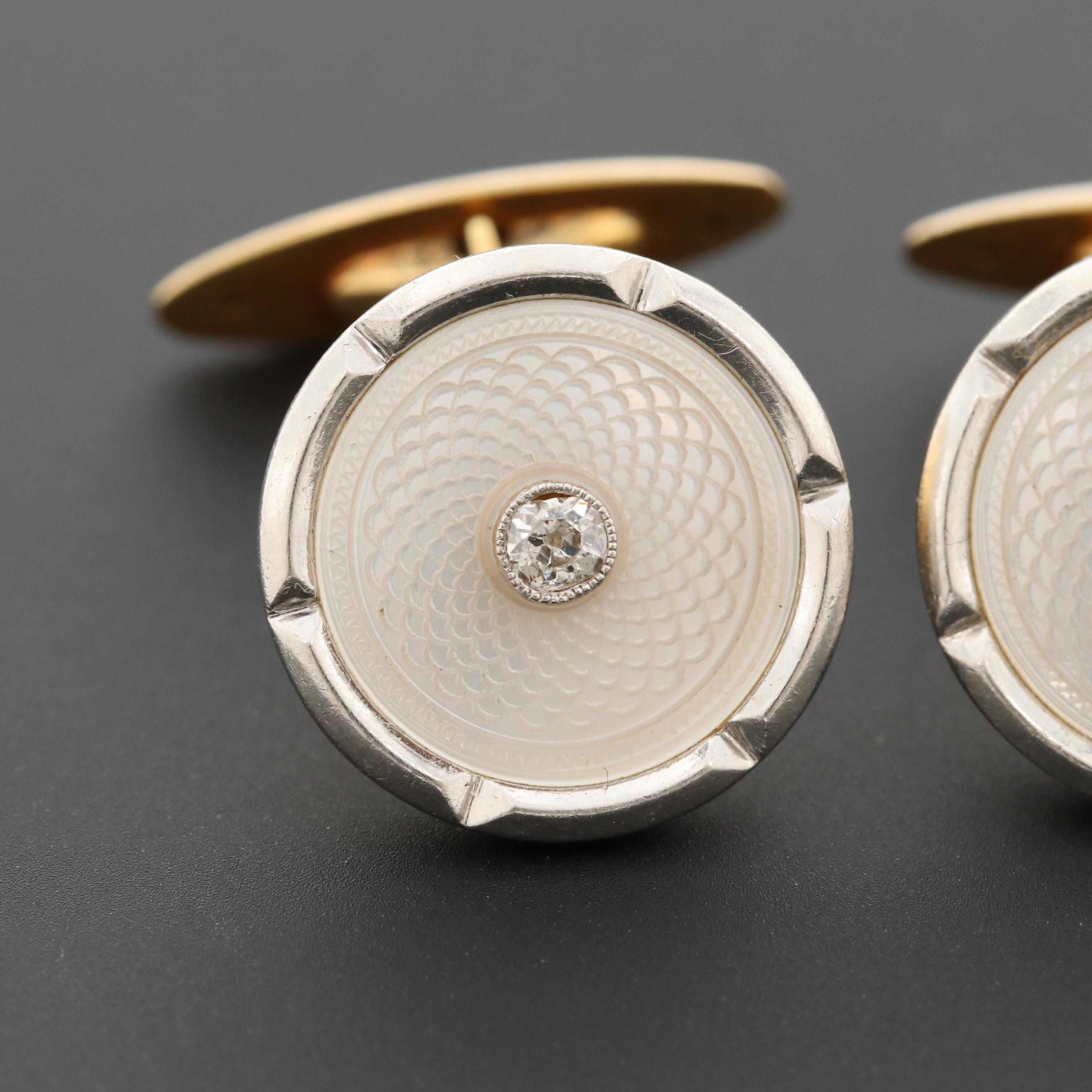 Platinum and 18K Yellow Gold Diamond and Mother of Pearl Cufflinks