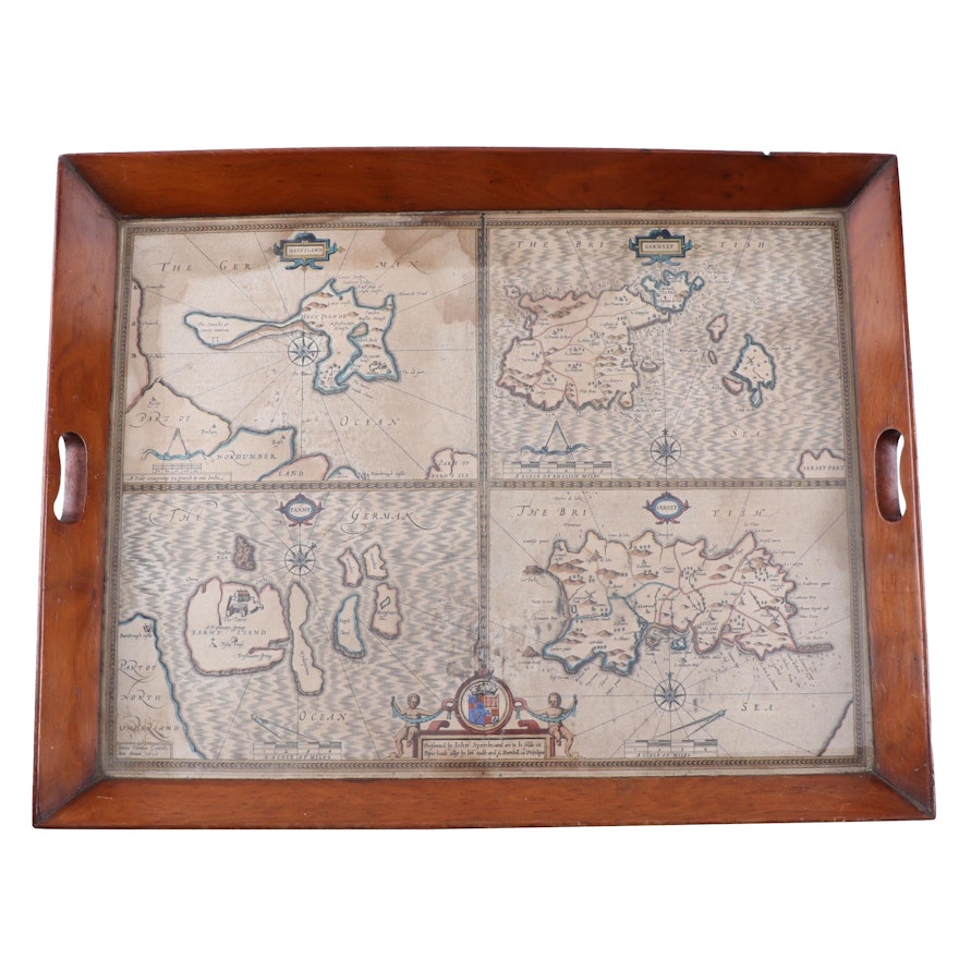 19th Century Tray with 17th Century Map of the Channel Islands by John Speed