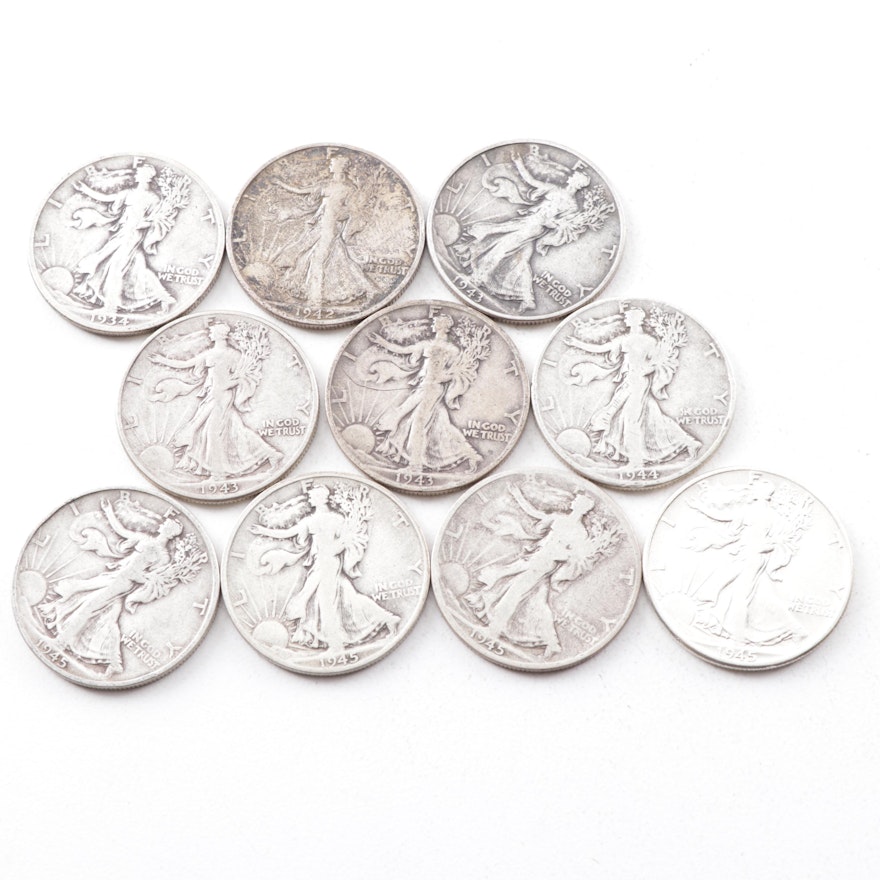 Ten Walking Liberty Silver Half Dollars Ranging from 1934-1943