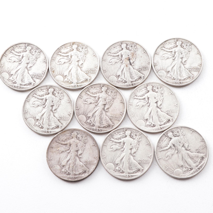 Ten Walking Liberty Silver Half Dollars From the 1940s