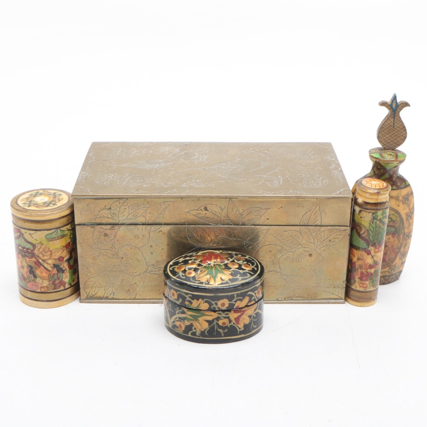 Chinese Brass Trinket Box with Paper-Mache Snuff Bottles and Box, Early 20th-Ca