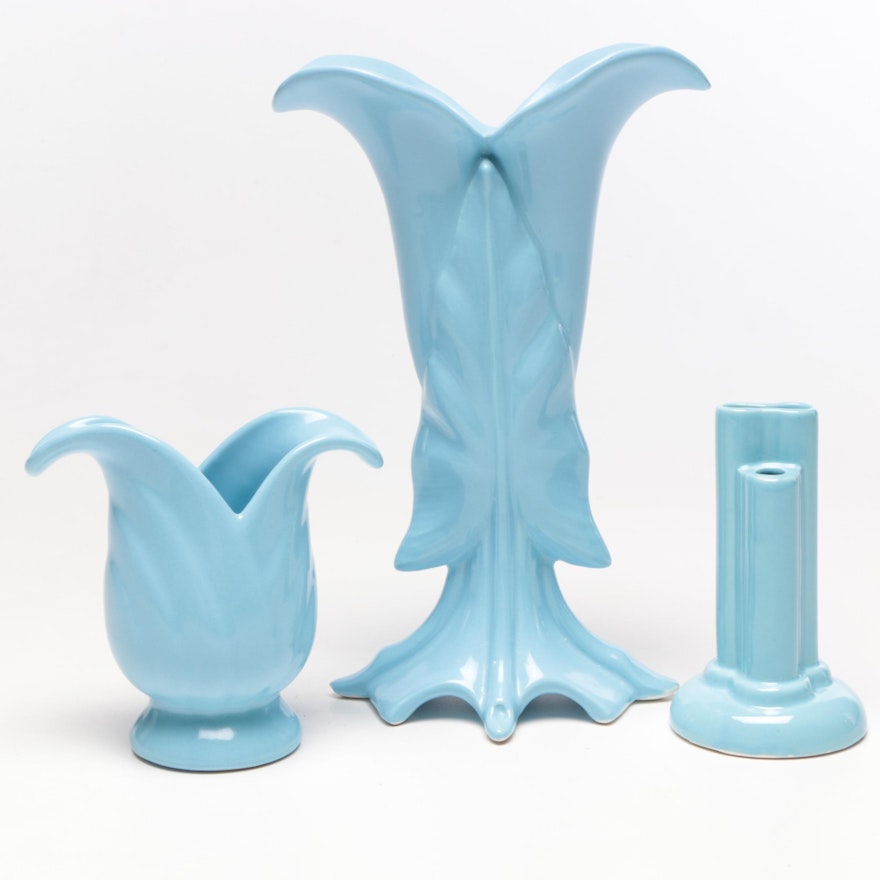 Haeger Pottery Pale Blue Leaf and Floral Vases with Pen Holder, Mid-Century