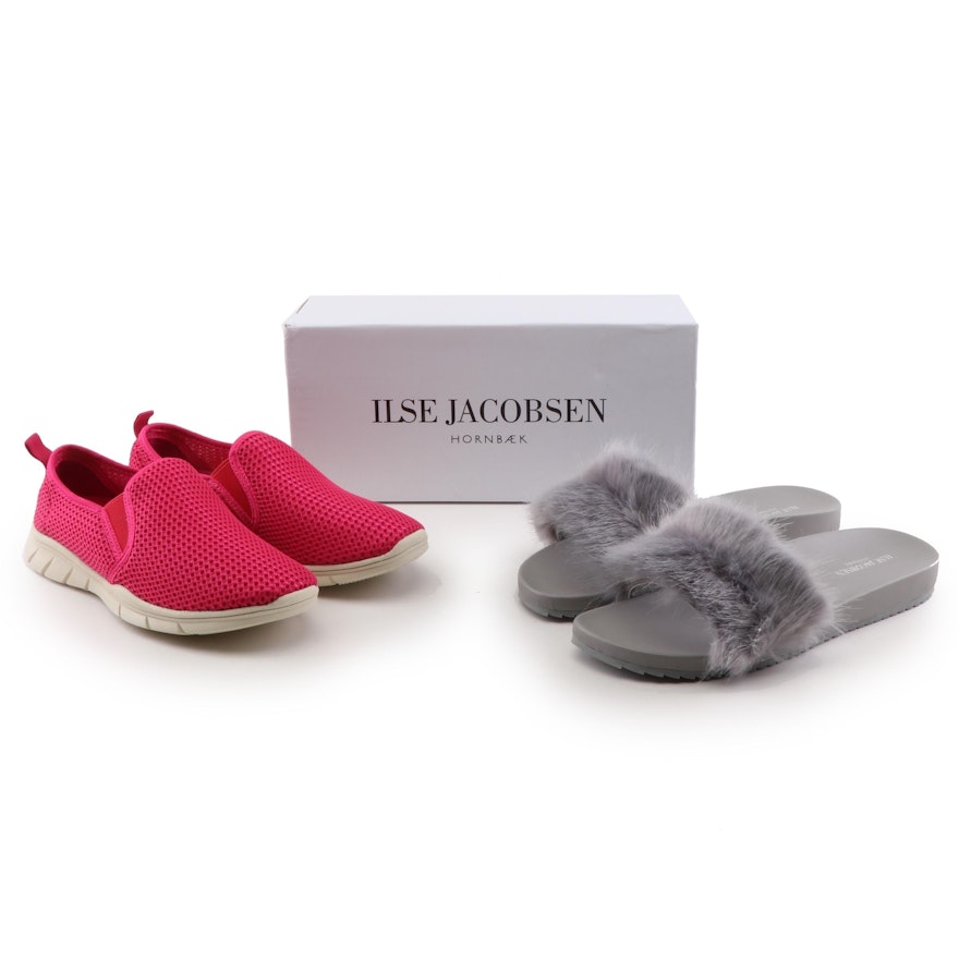 Ilse Jacobsen Fry Mineral Slides with Faux Fur and Peony Indian Red Sneakers