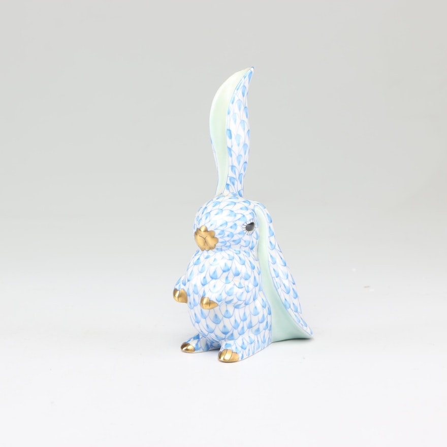 Herend Porcelain Blue Fishnet Bunny Figurine