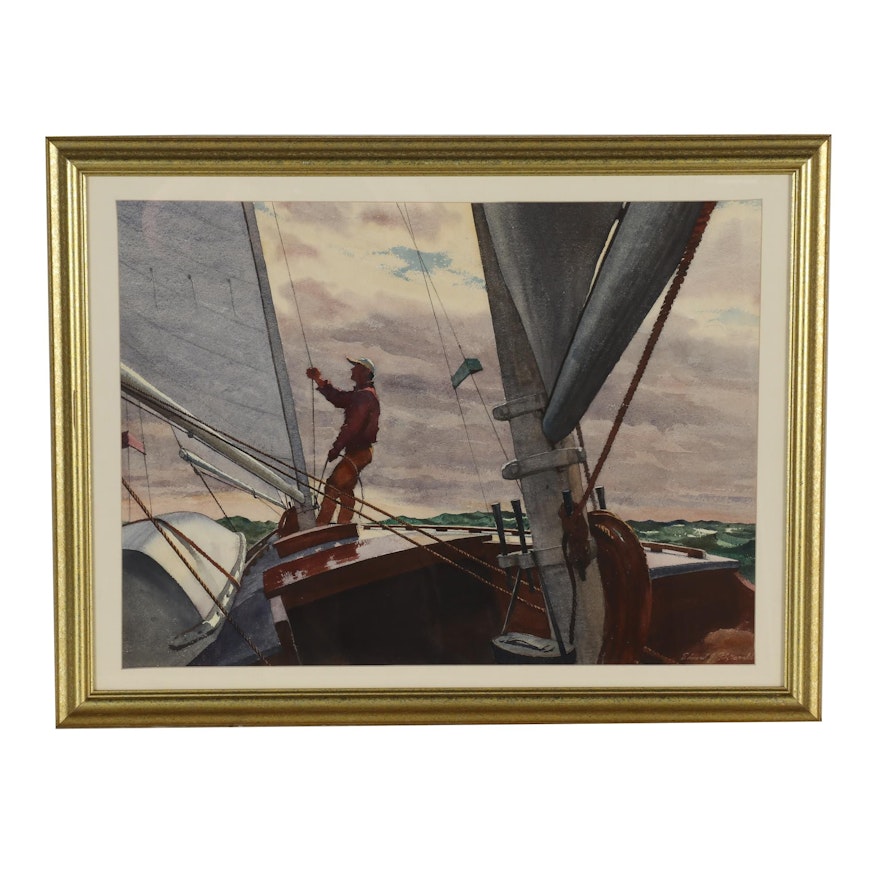 Edmond J. Fitzgerald Watercolor Painting "Sailing Alone"