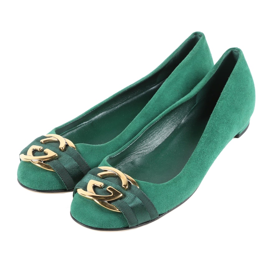 Gucci Interlocking GG Ballet Flats in Green Suede with Silk Ribbon