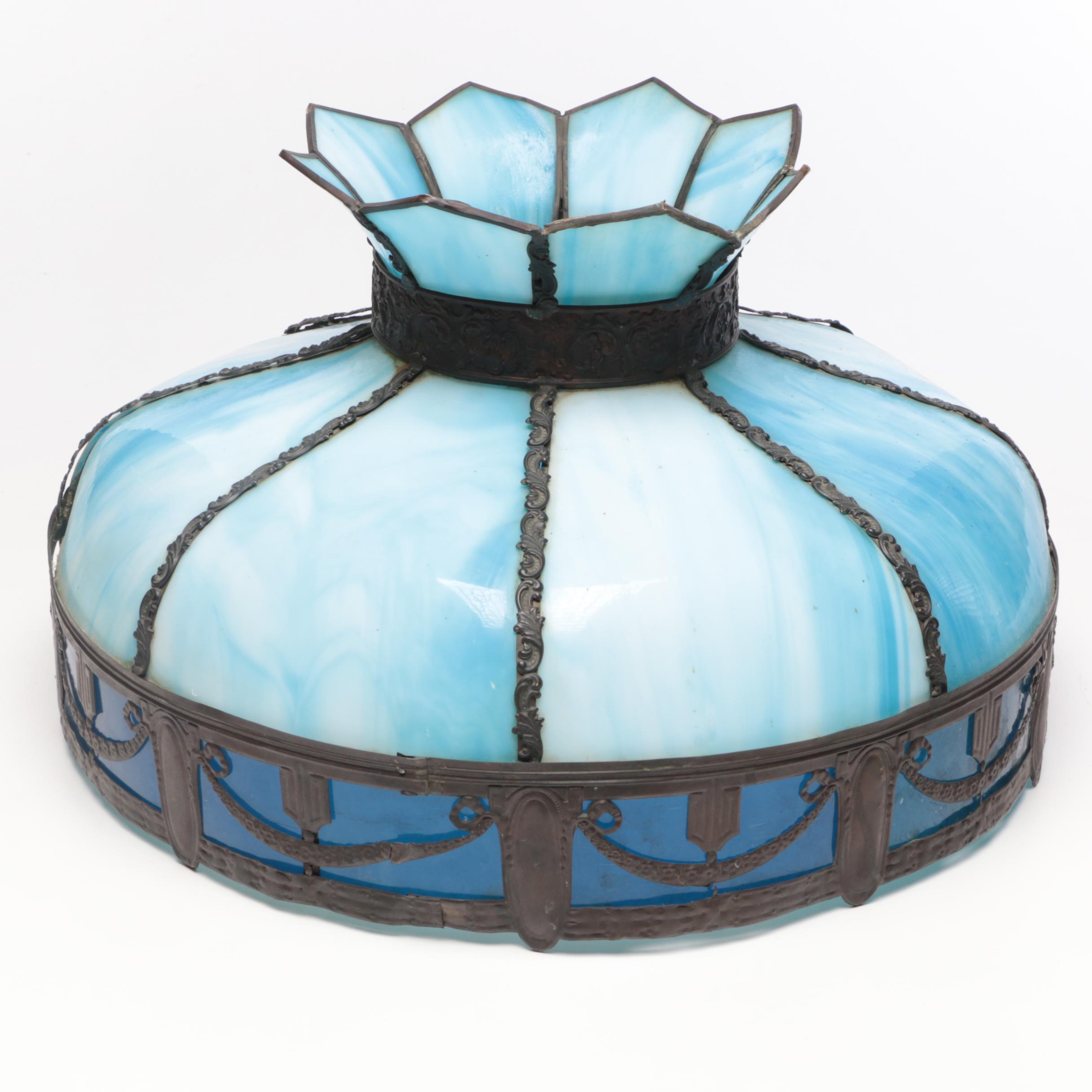 Blue Slag Glass and Repoussé Copper Shade on Lamp Base, Early 20th Century