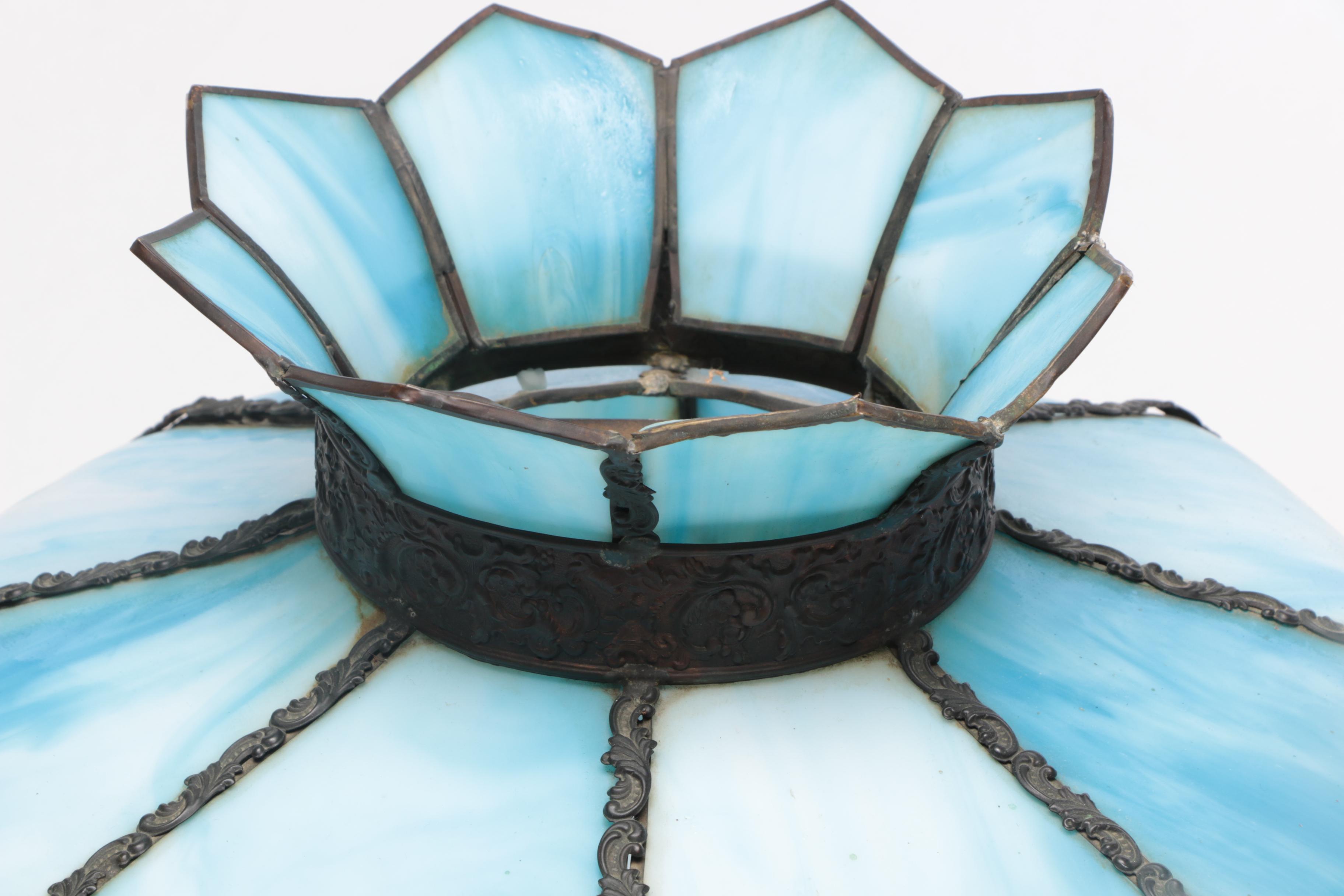 Blue Slag Glass and Repoussé Copper Shade on Lamp Base, Early 20th Century