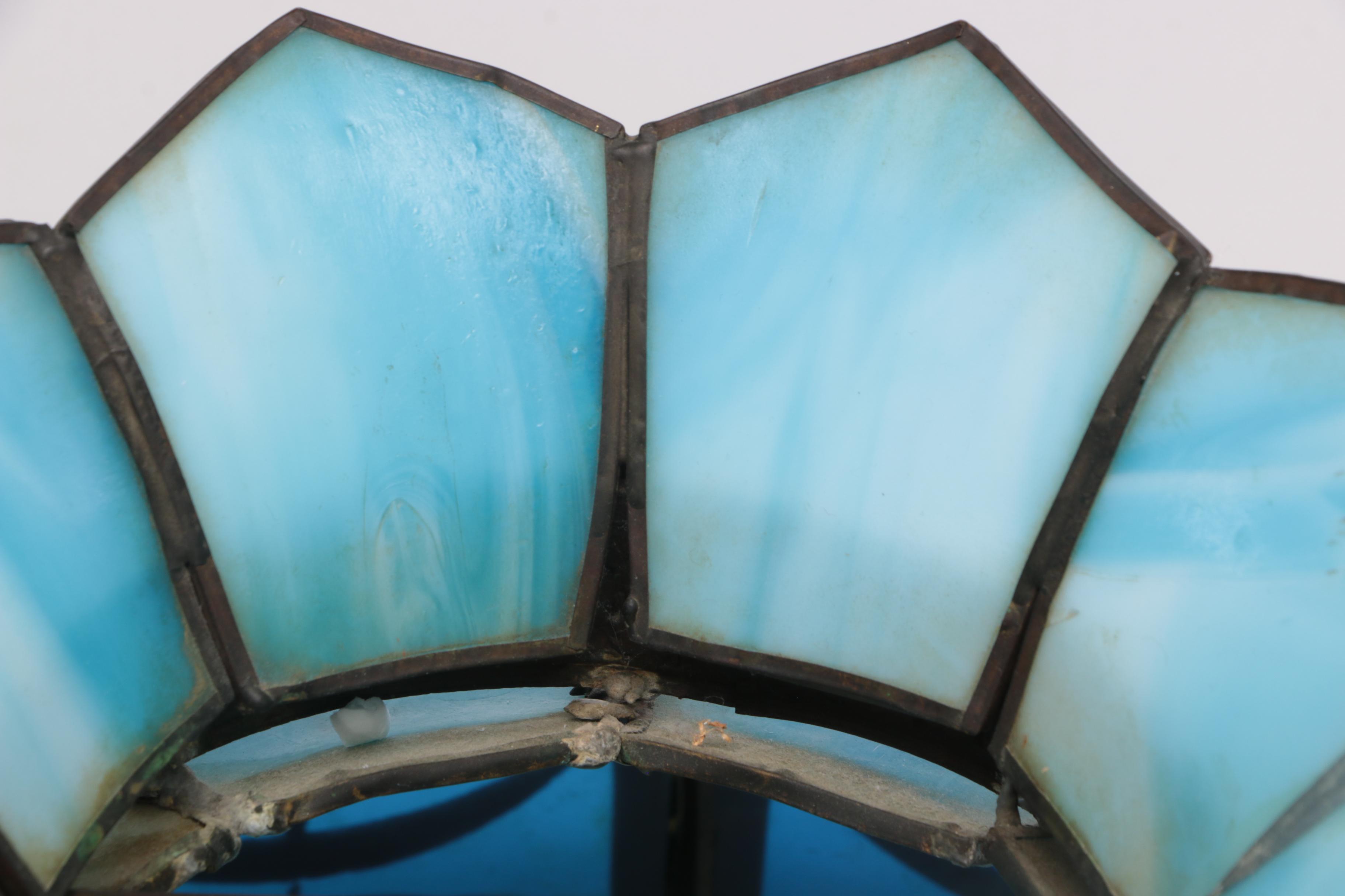 Blue Slag Glass and Repoussé Copper Shade on Lamp Base, Early 20th Century