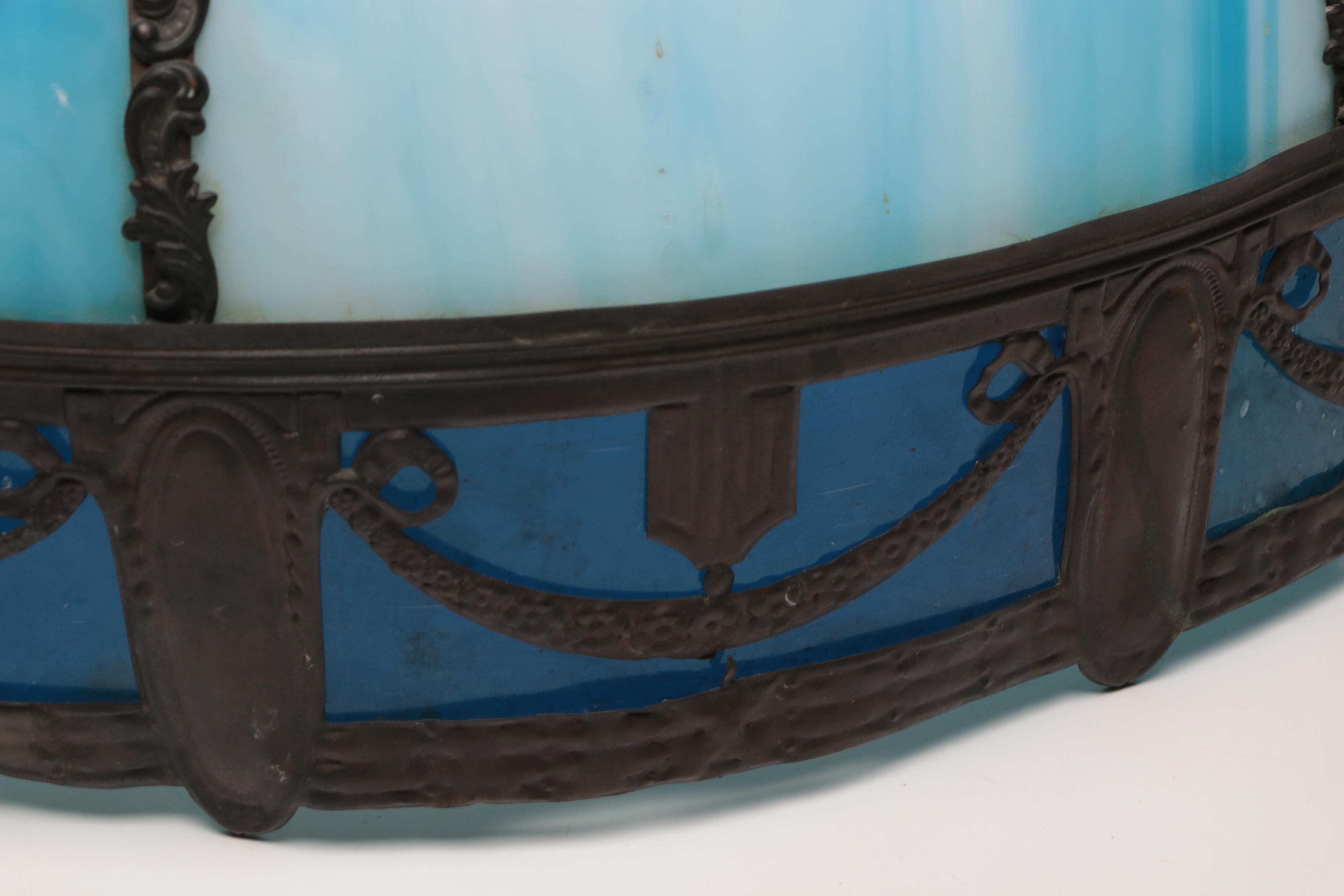Blue Slag Glass and Repoussé Copper Shade on Lamp Base, Early 20th Century