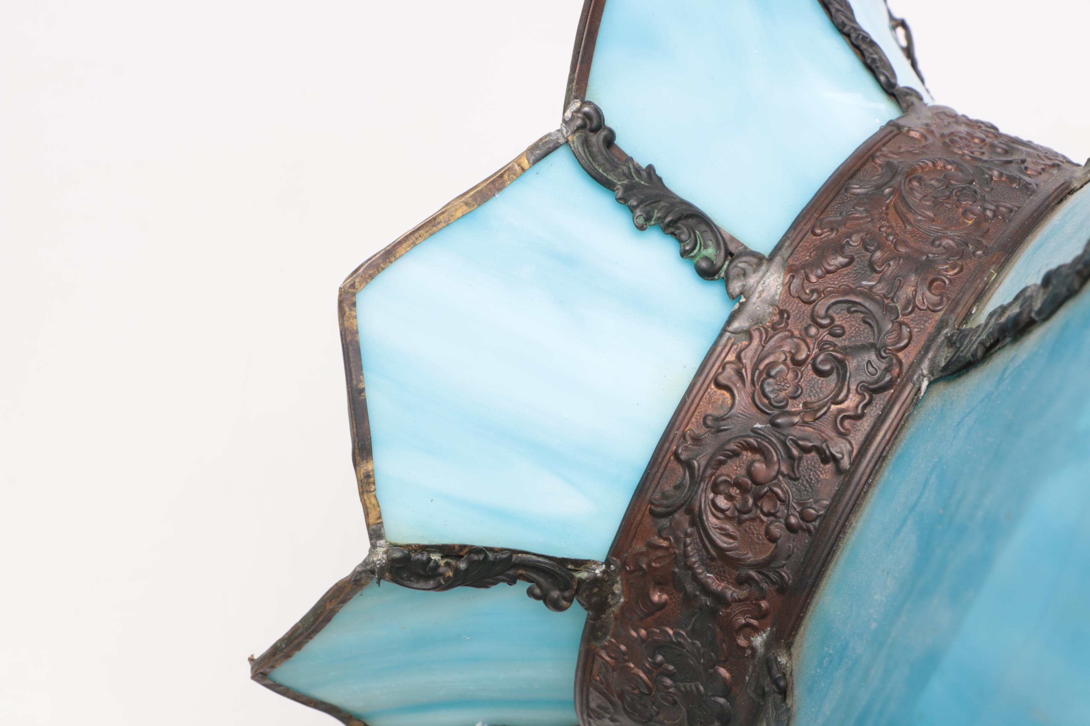 Blue Slag Glass and Repoussé Copper Shade on Lamp Base, Early 20th Century