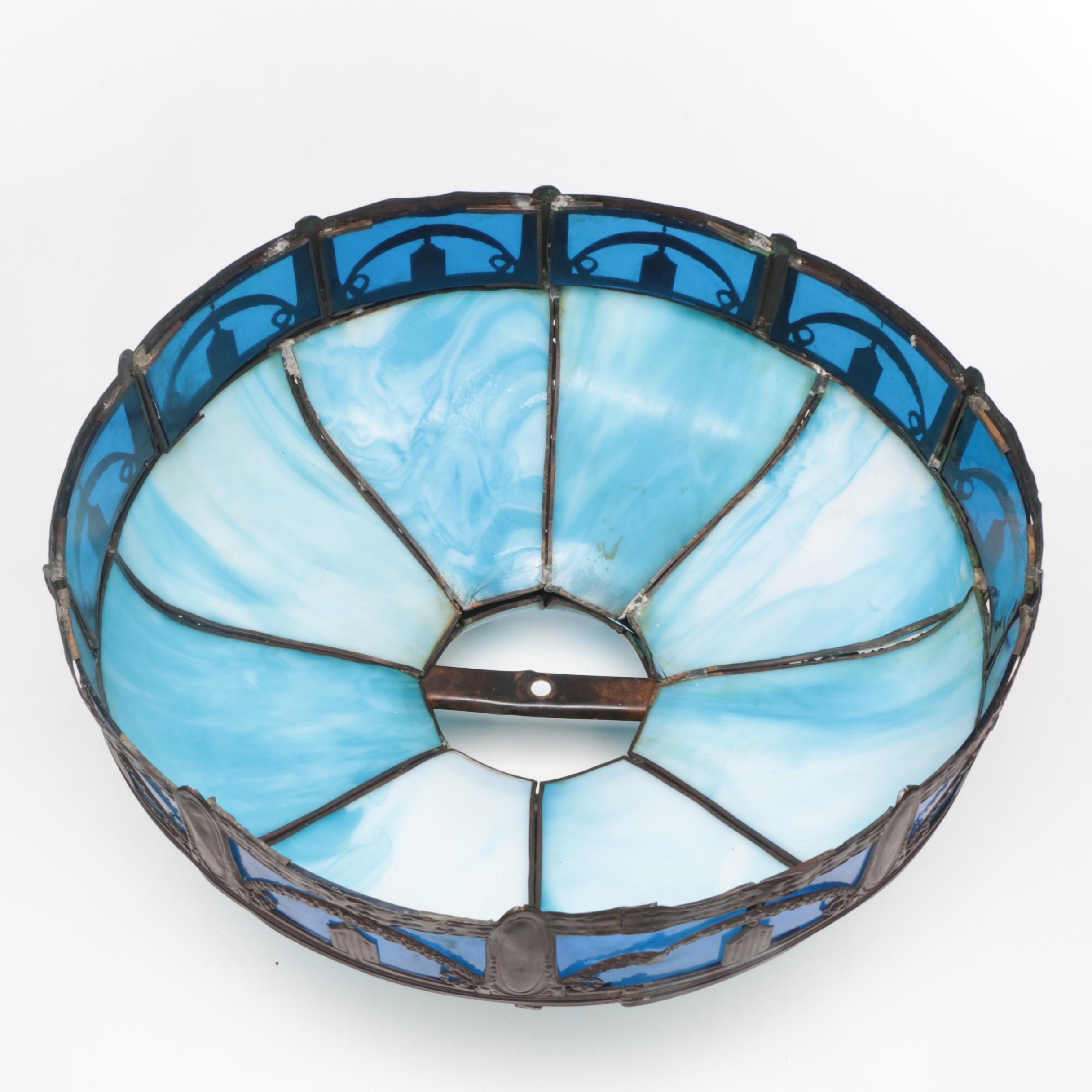 Blue Slag Glass and Repoussé Copper Shade on Lamp Base, Early 20th Century