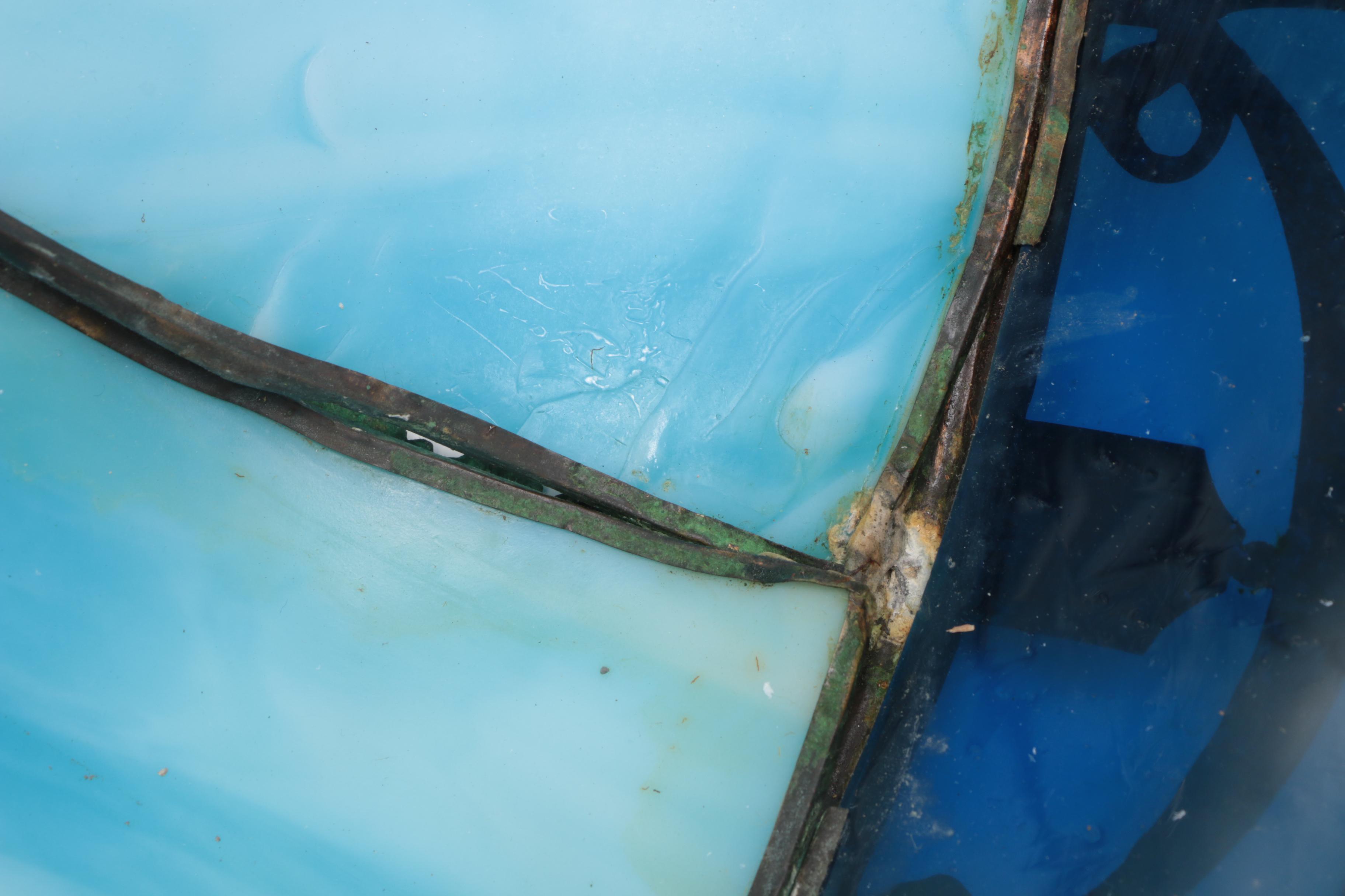 Blue Slag Glass and Repoussé Copper Shade on Lamp Base, Early 20th Century