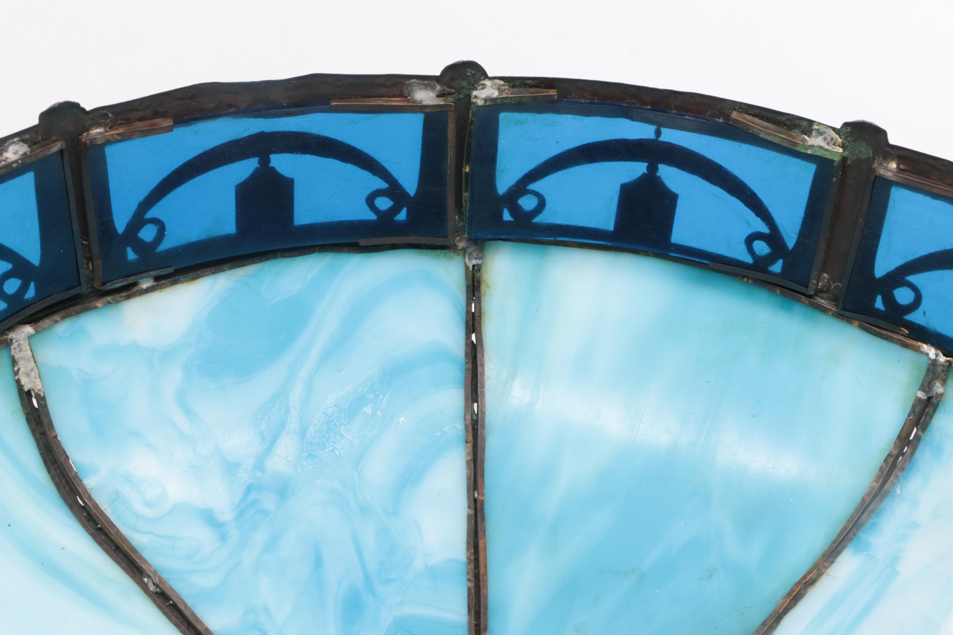 Blue Slag Glass and Repoussé Copper Shade on Lamp Base, Early 20th Century