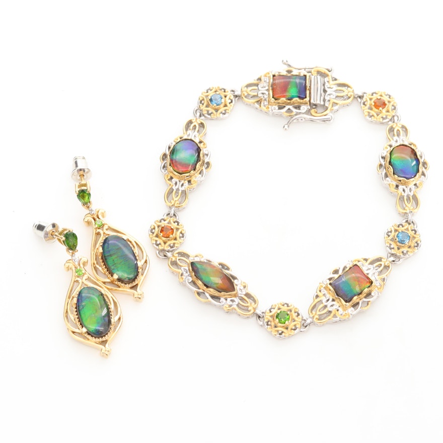 Sterling Silver Bracelet and Earrings with Ammolite, Blue Topaz and Diamonds