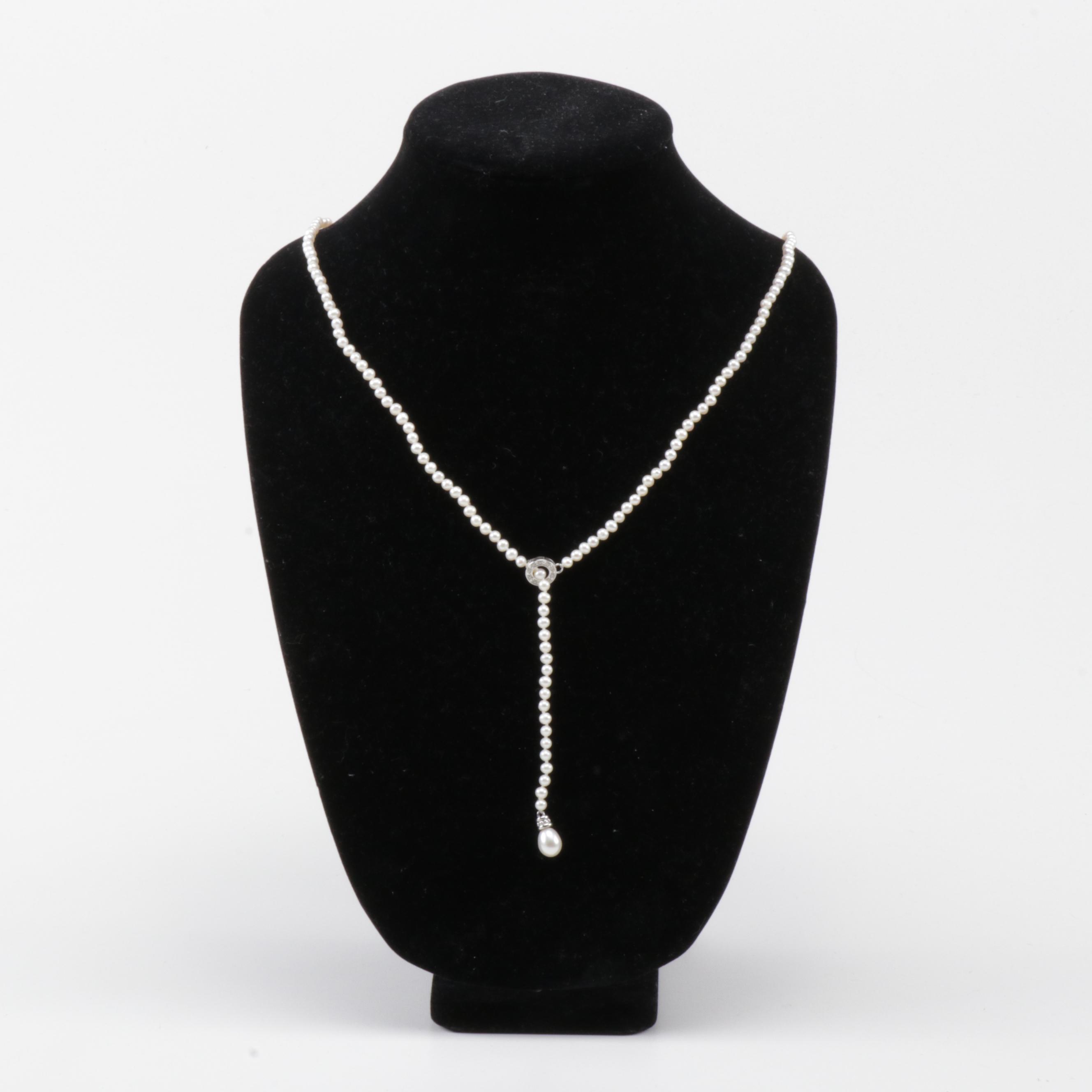 14K White Gold Pearl and Diamond Lariat Necklace