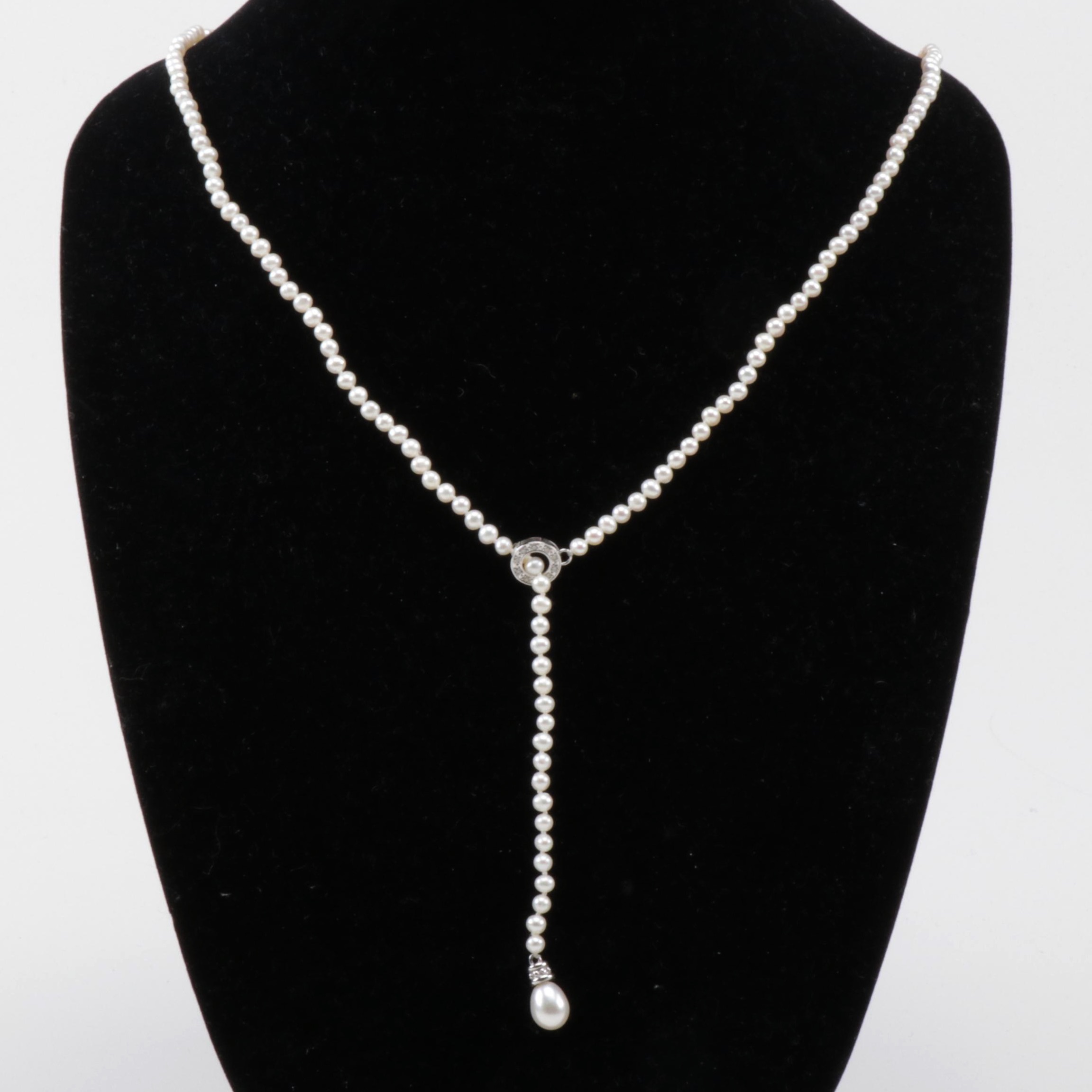 14K White Gold Pearl and Diamond Lariat Necklace