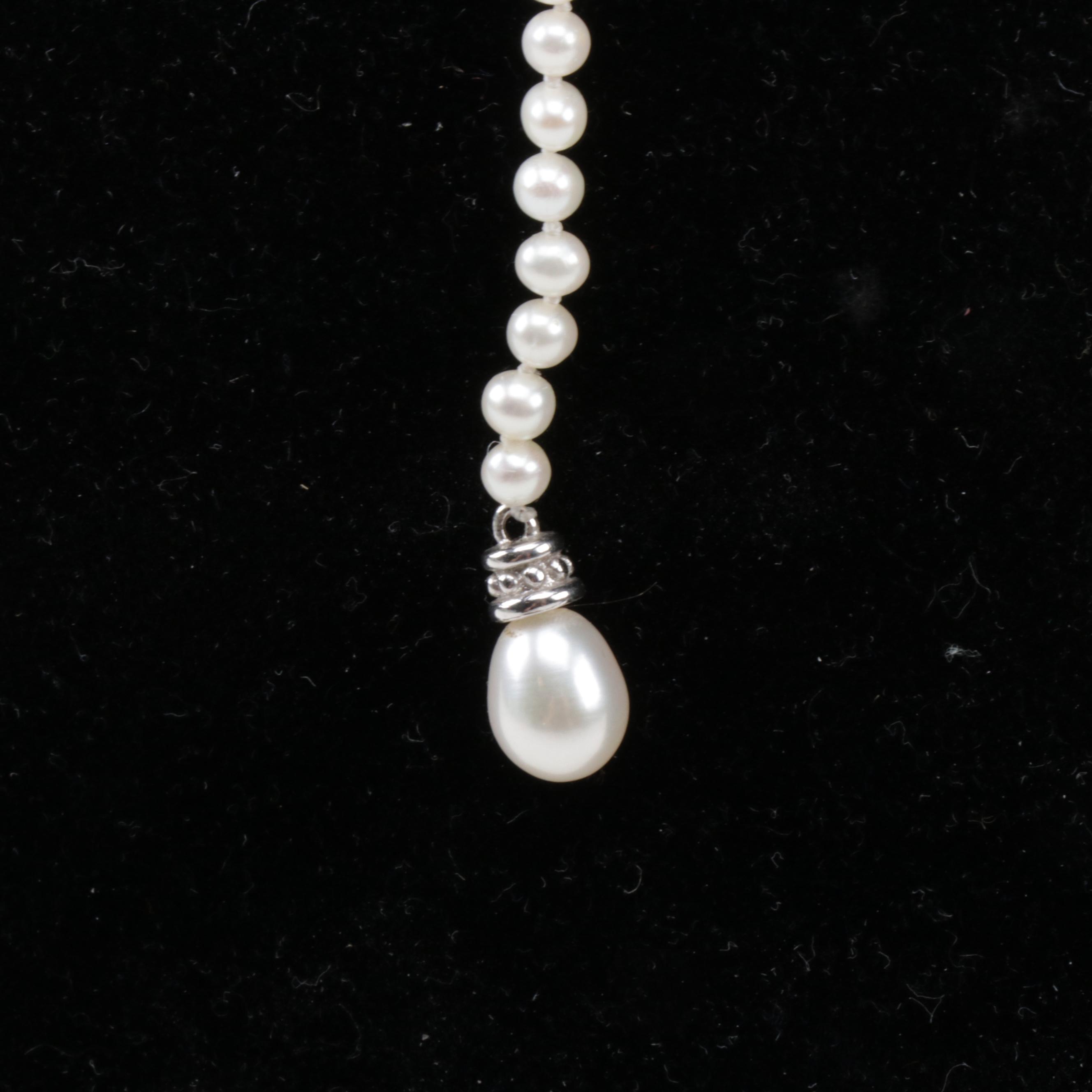 14K White Gold Pearl and Diamond Lariat Necklace
