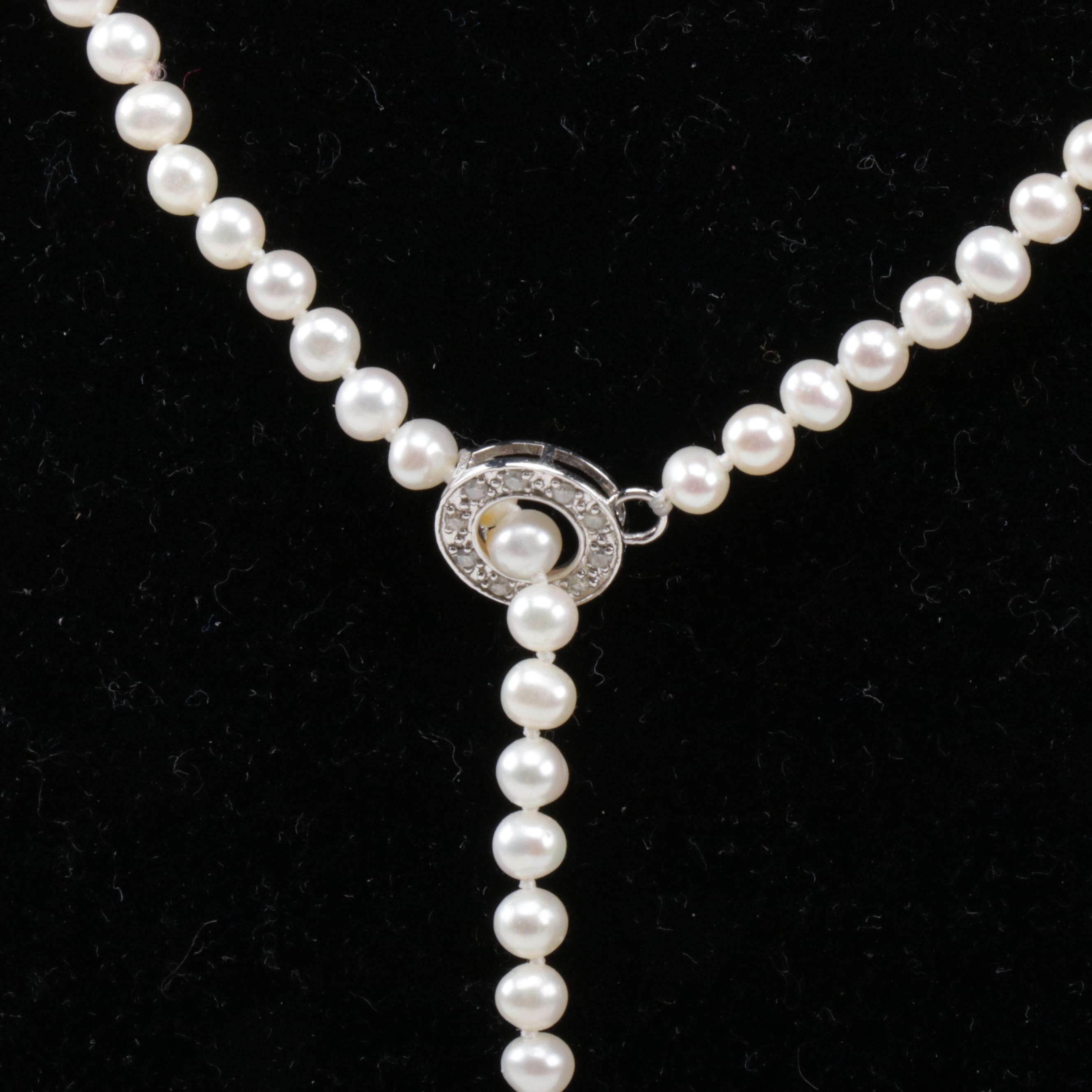 14K White Gold Pearl and Diamond Lariat Necklace