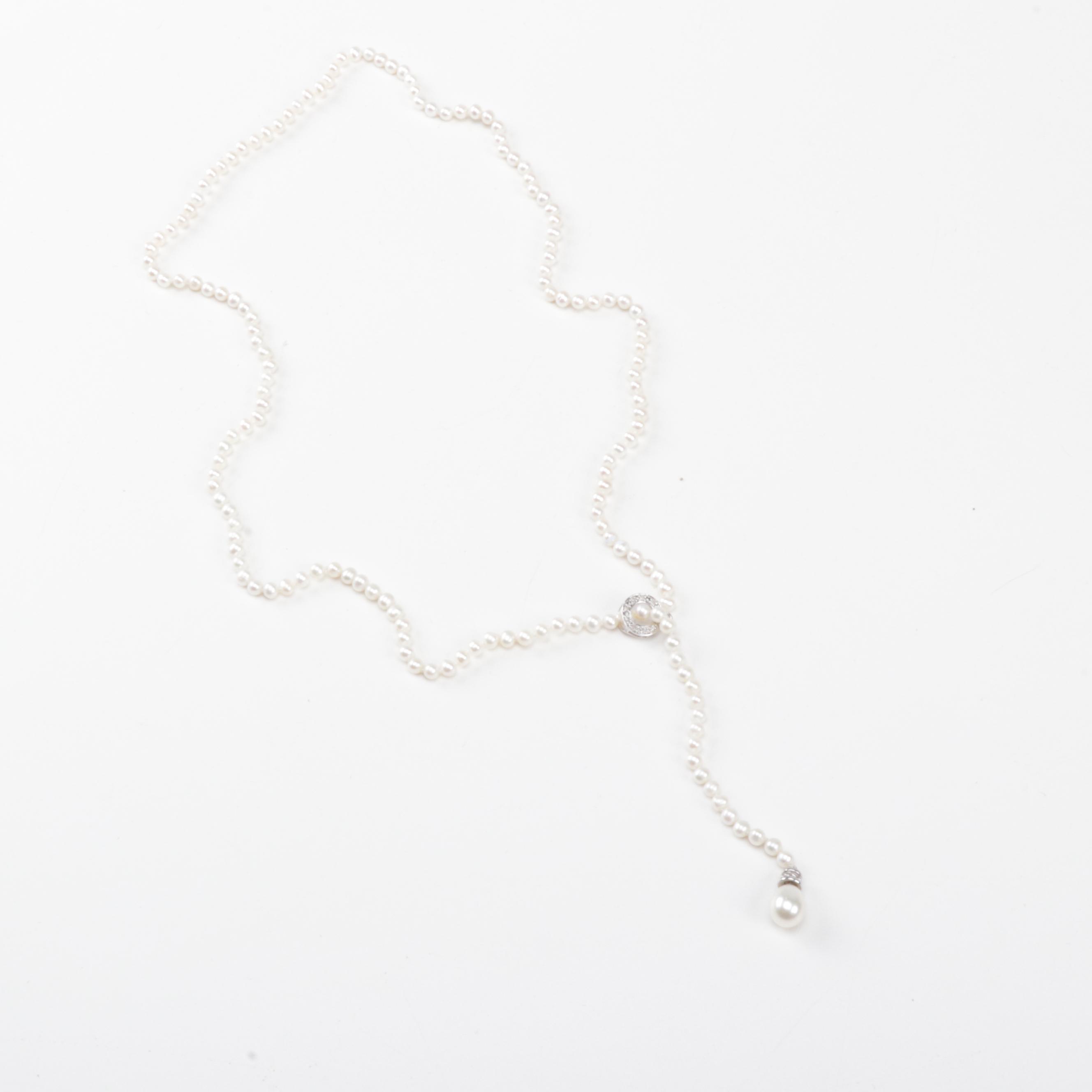 14K White Gold Pearl and Diamond Lariat Necklace