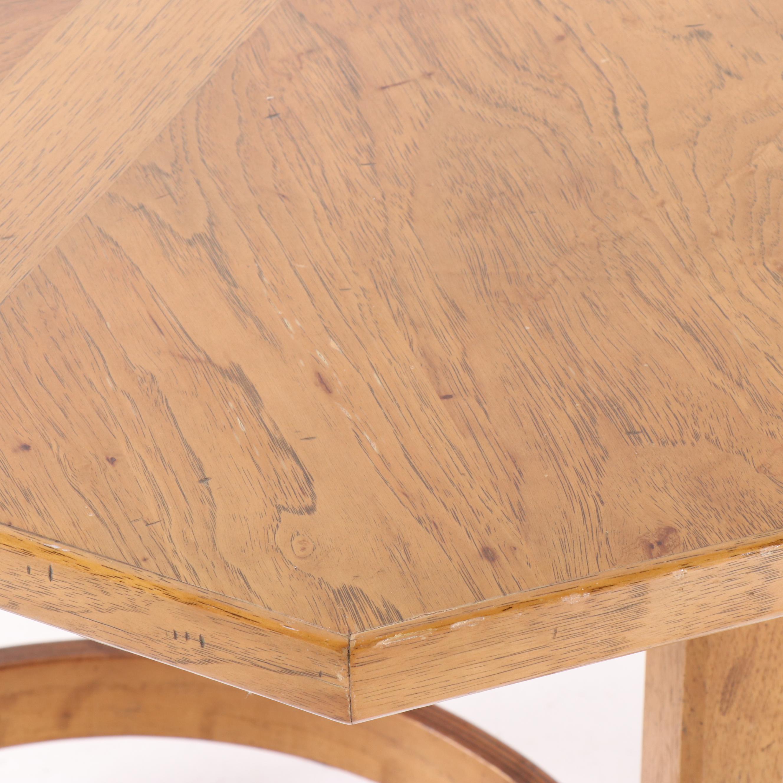 Oak Octagonal Game Table and Upholstered Arm Chairs