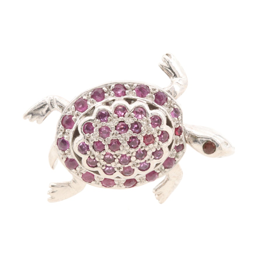 Sterling Silver Ruby Articulated Turtle Converter Brooch