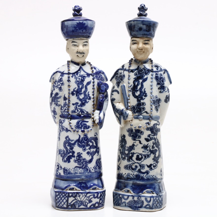 Pair of Chinese Blue and White Porcelain Figurines, Early-Mid 20th Century