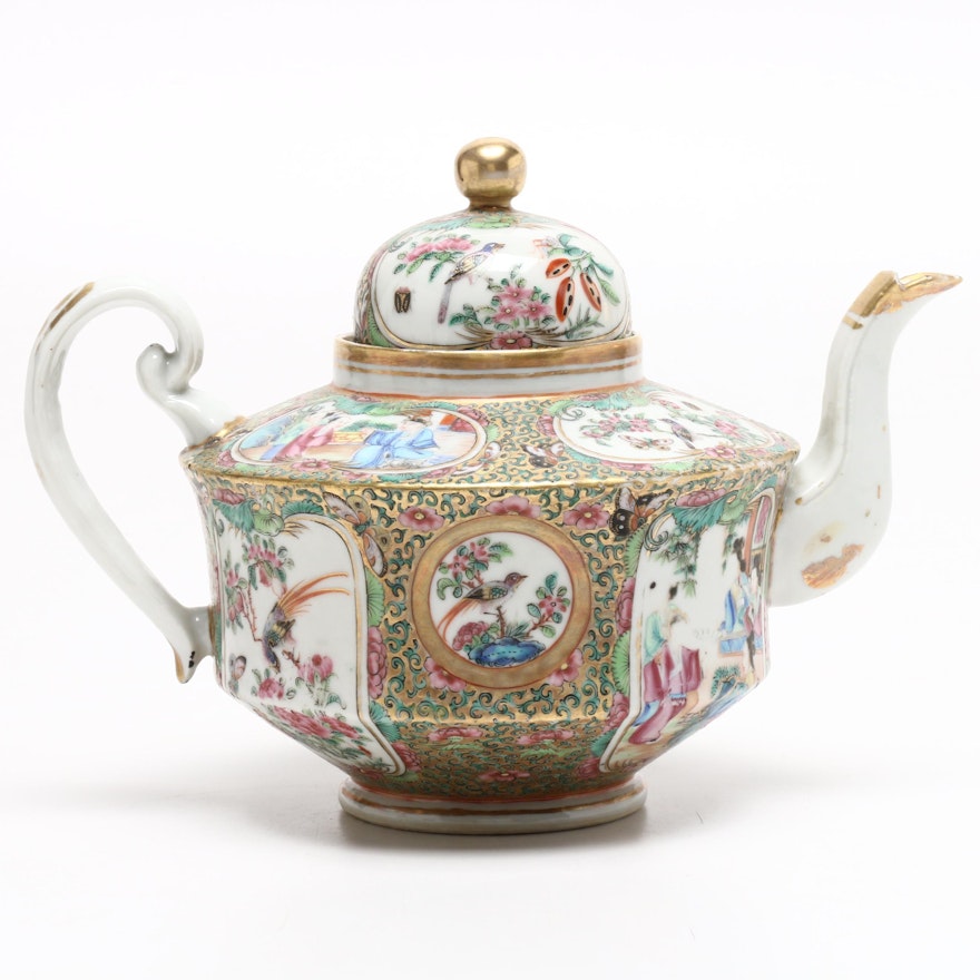 Chinese Hand-Painted Rose Medallion Porcelain Teapot