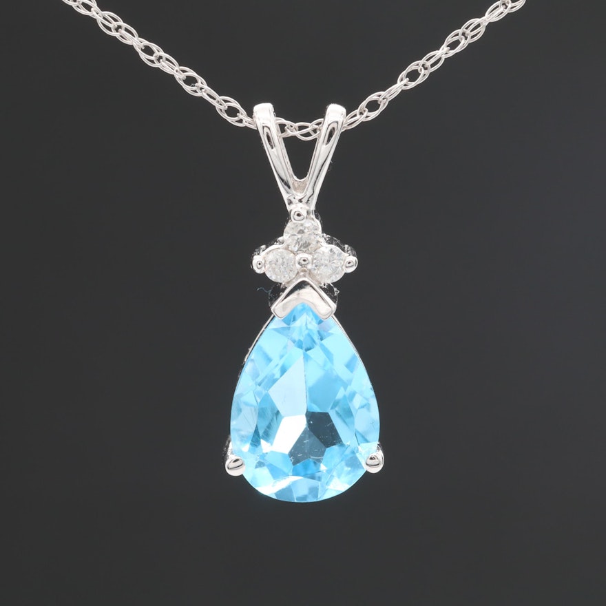 14K White Gold Diamond and Blue Topaz Pendant Necklace