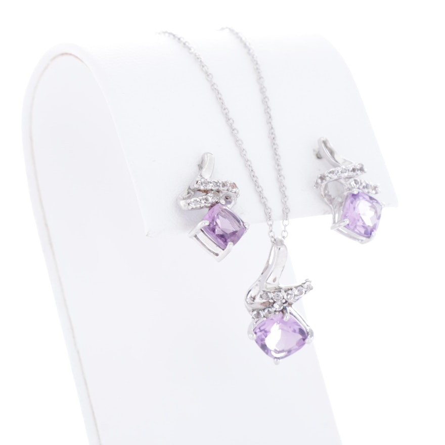 Sterling Silver, Amethyst, and White Topaz Necklace and Earrings