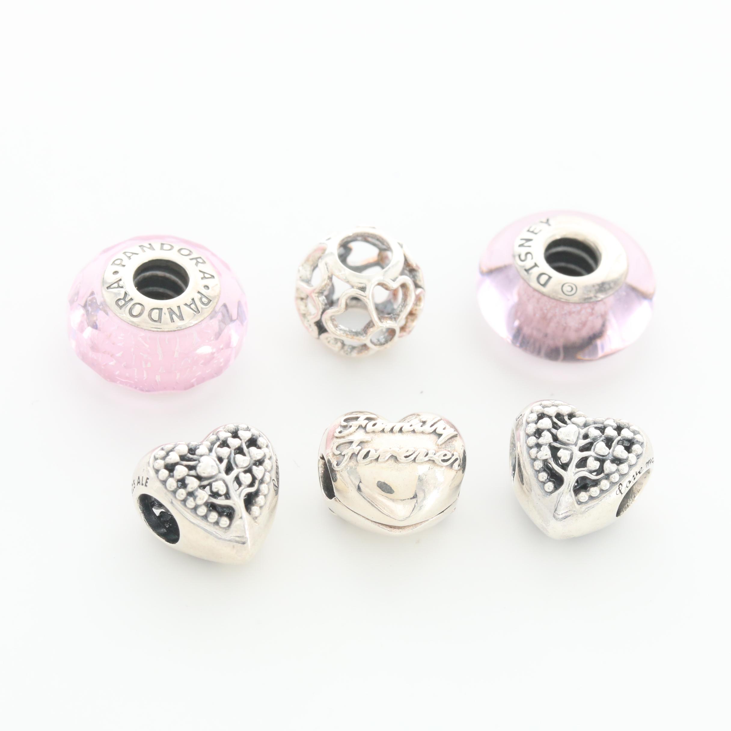 Six Pandora Sterling Silver Glass Charm Beads Featuring a Disney Charm