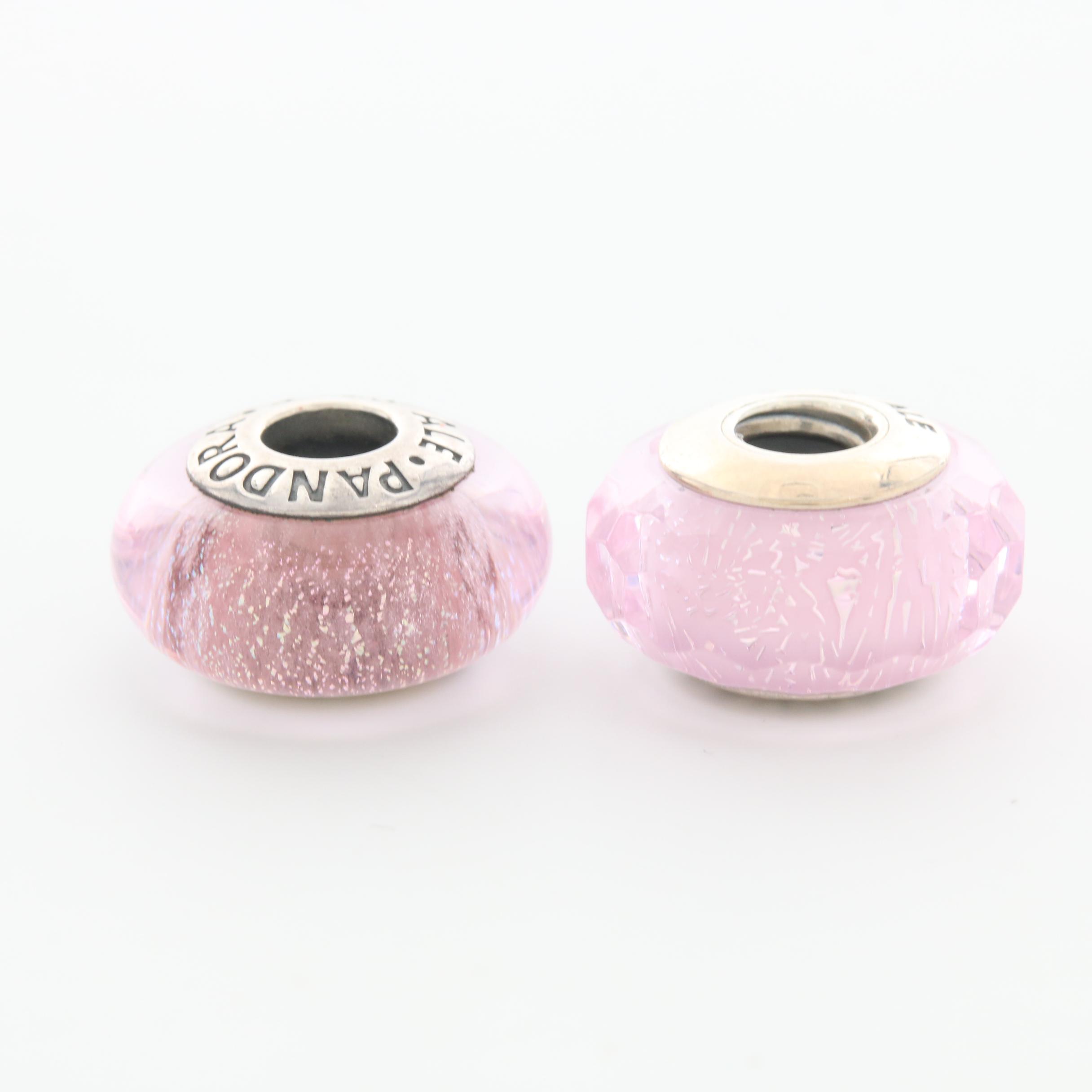 Six Pandora Sterling Silver Glass Charm Beads Featuring a Disney Charm