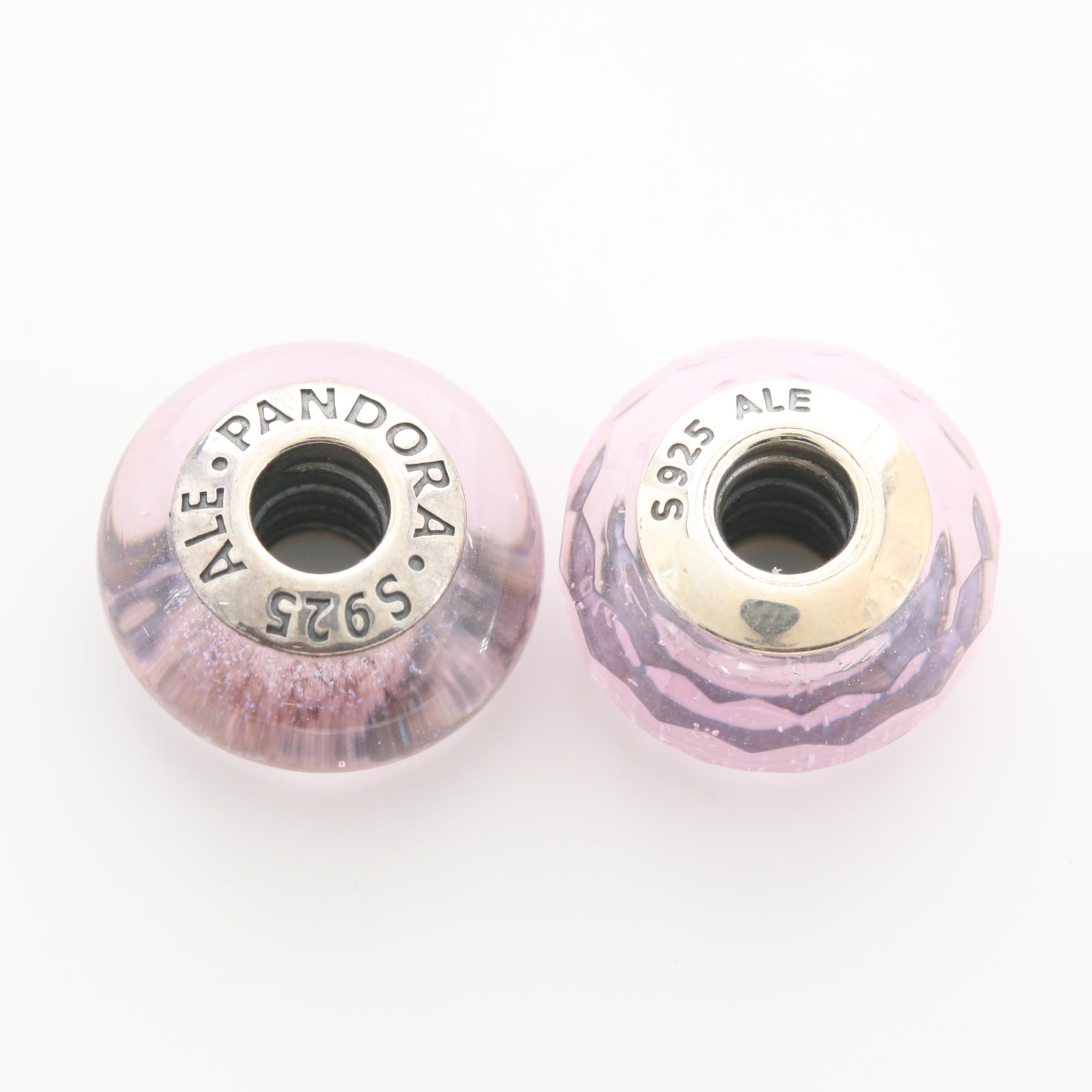 Six Pandora Sterling Silver Glass Charm Beads Featuring a Disney Charm