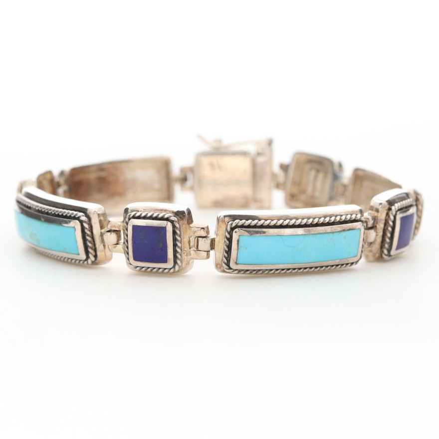 Southwestern Style Sterling Silver Turquoise and Lapis Lazuli Line Bracelet