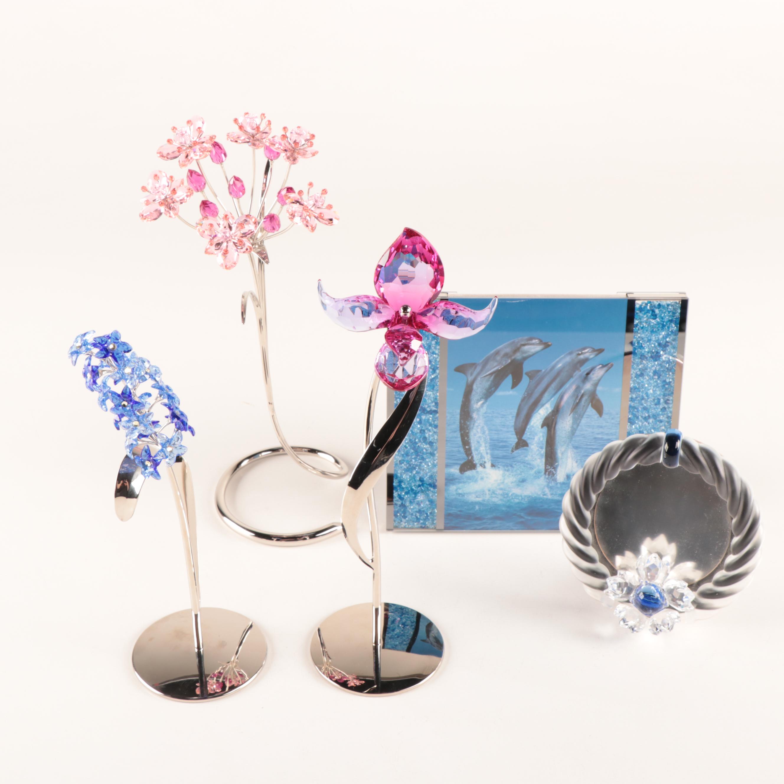 Swarovski Crystal Flower Figurines with Blue "Starlet" Picture Frame and Mirror