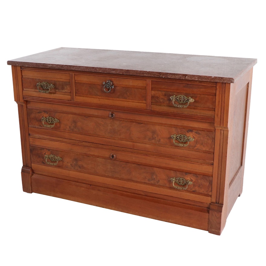 Late Victorian Walnut Chest of Drawers with Mable Top, Early 20th Century
