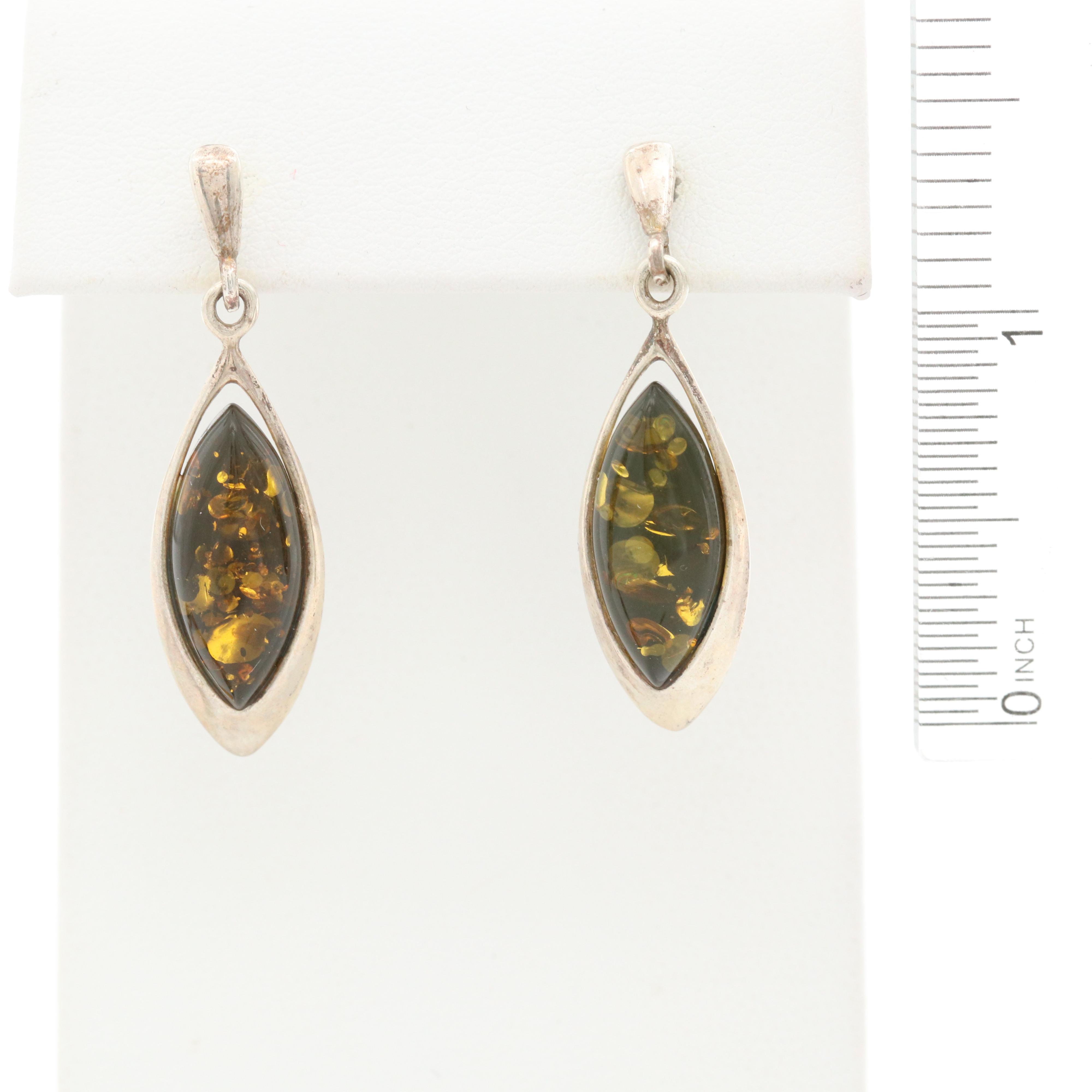 Polish Sterling Silver Amber Link Bracelet with Matching Drop Earrings