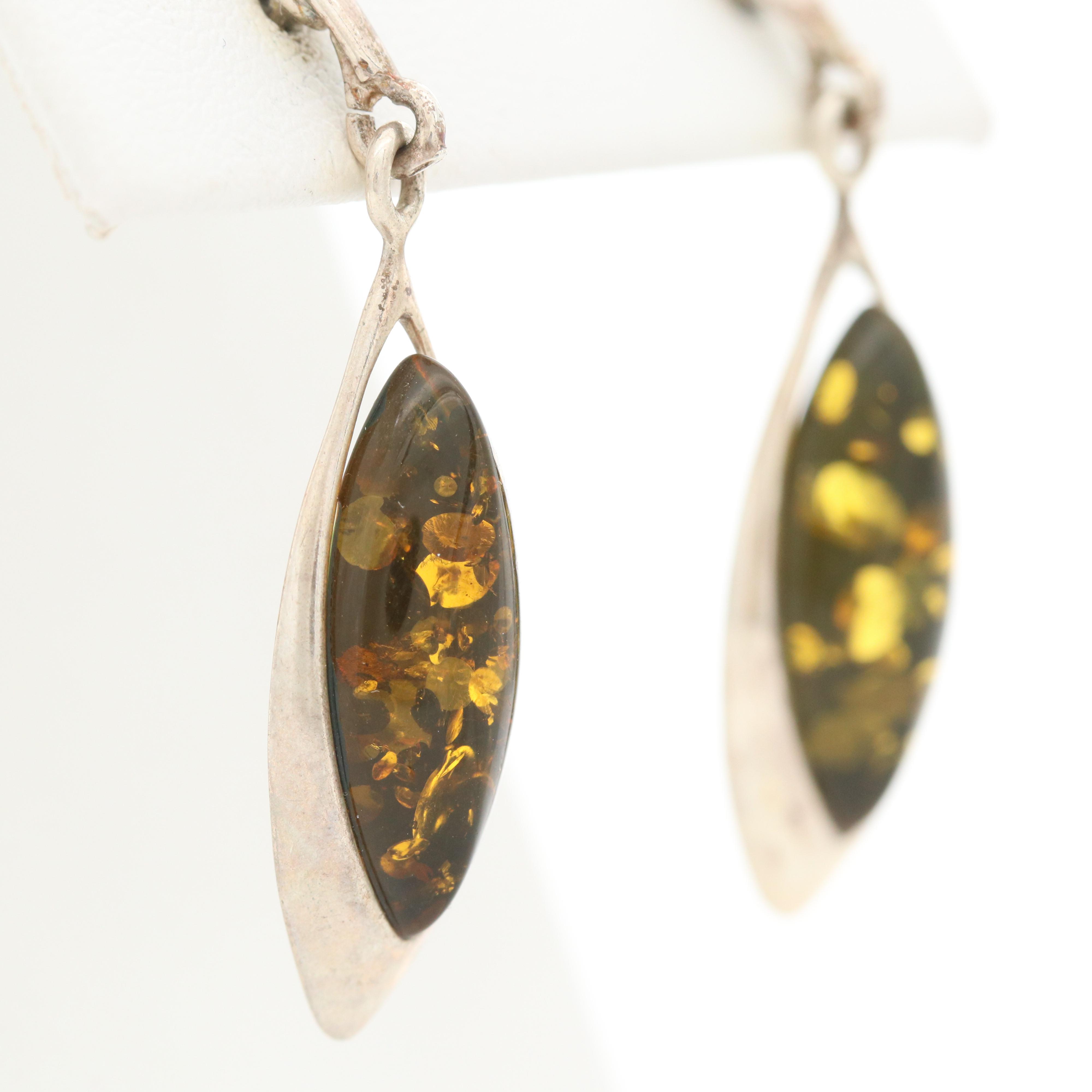 Polish Sterling Silver Amber Link Bracelet with Matching Drop Earrings