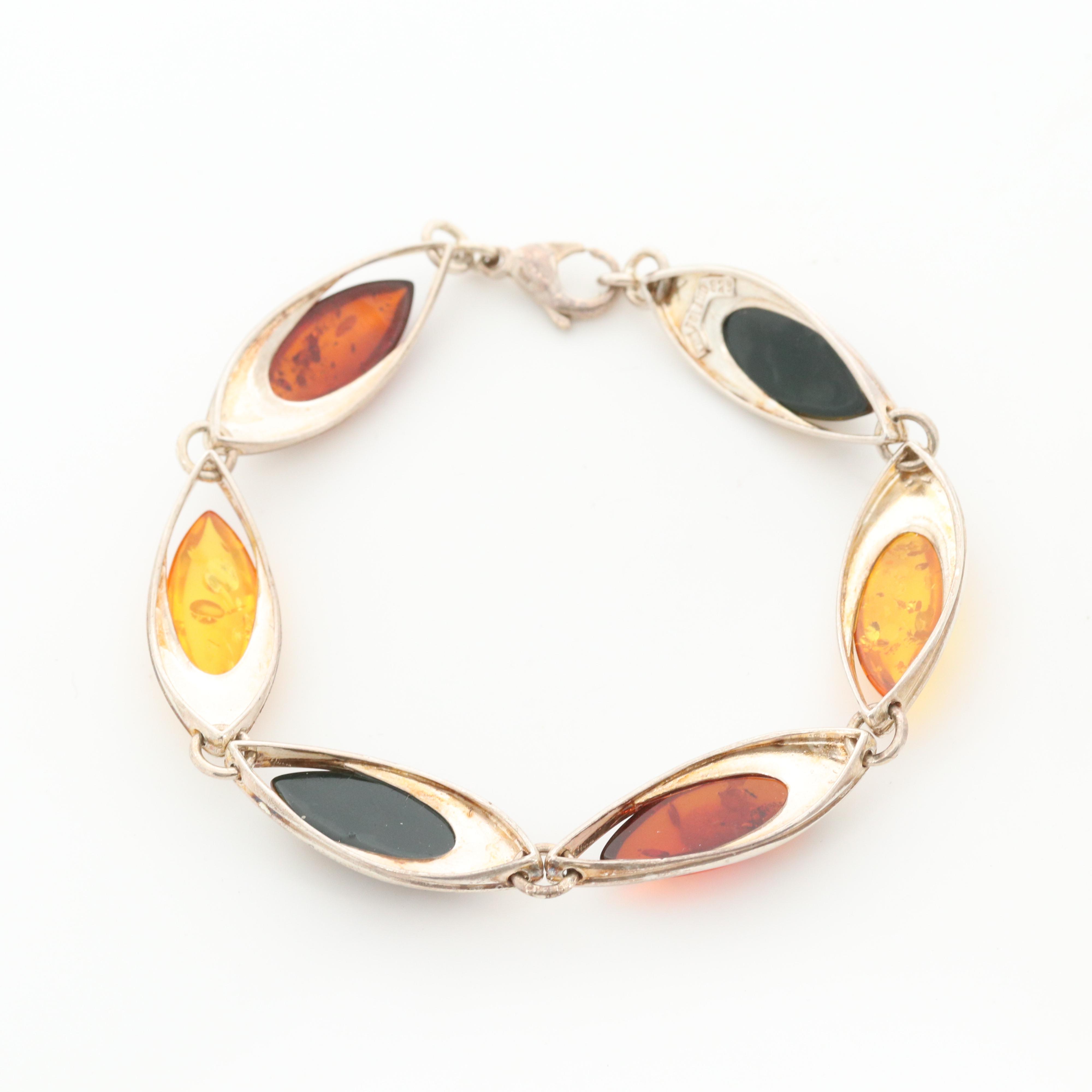 Polish Sterling Silver Amber Link Bracelet with Matching Drop Earrings