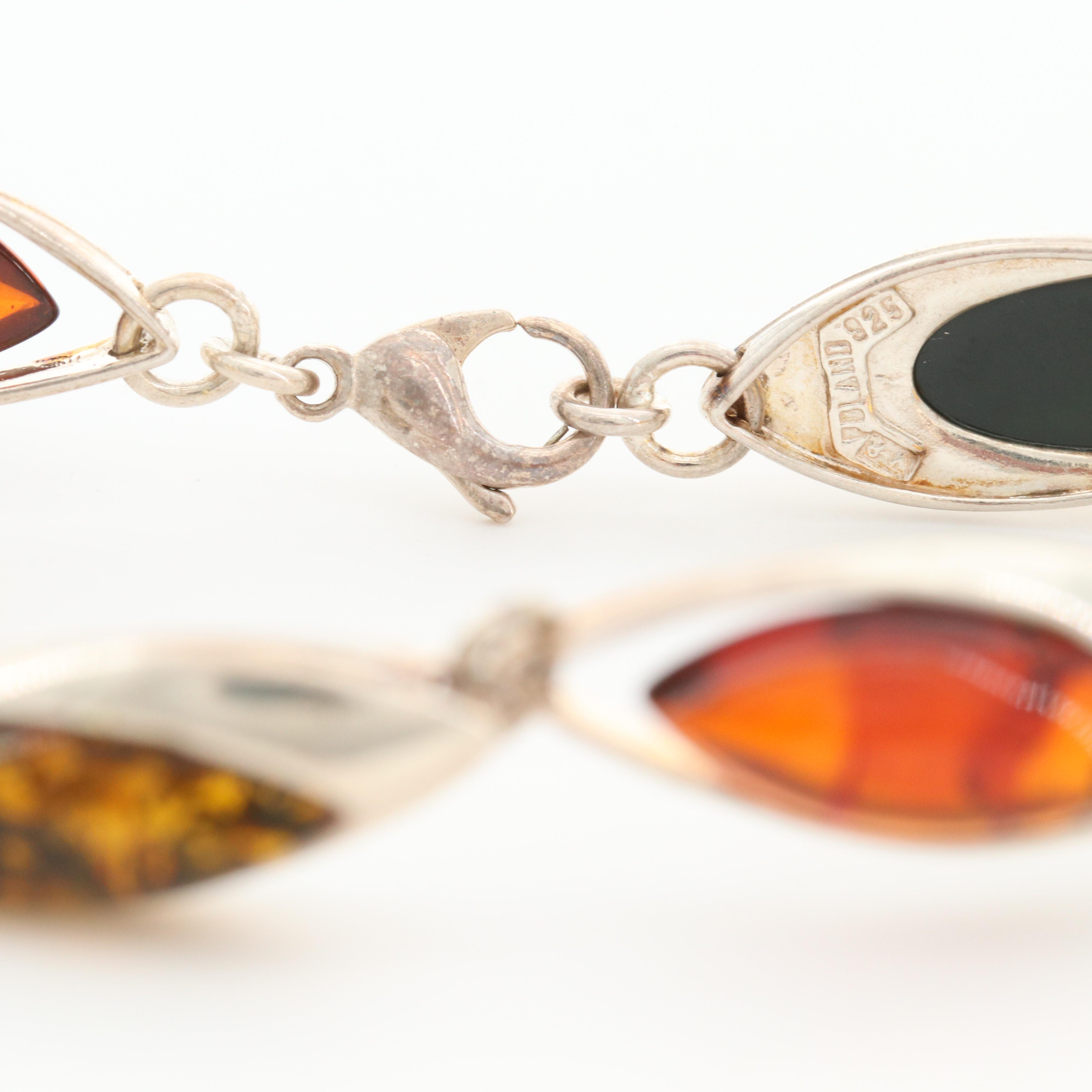 Polish Sterling Silver Amber Link Bracelet with Matching Drop Earrings